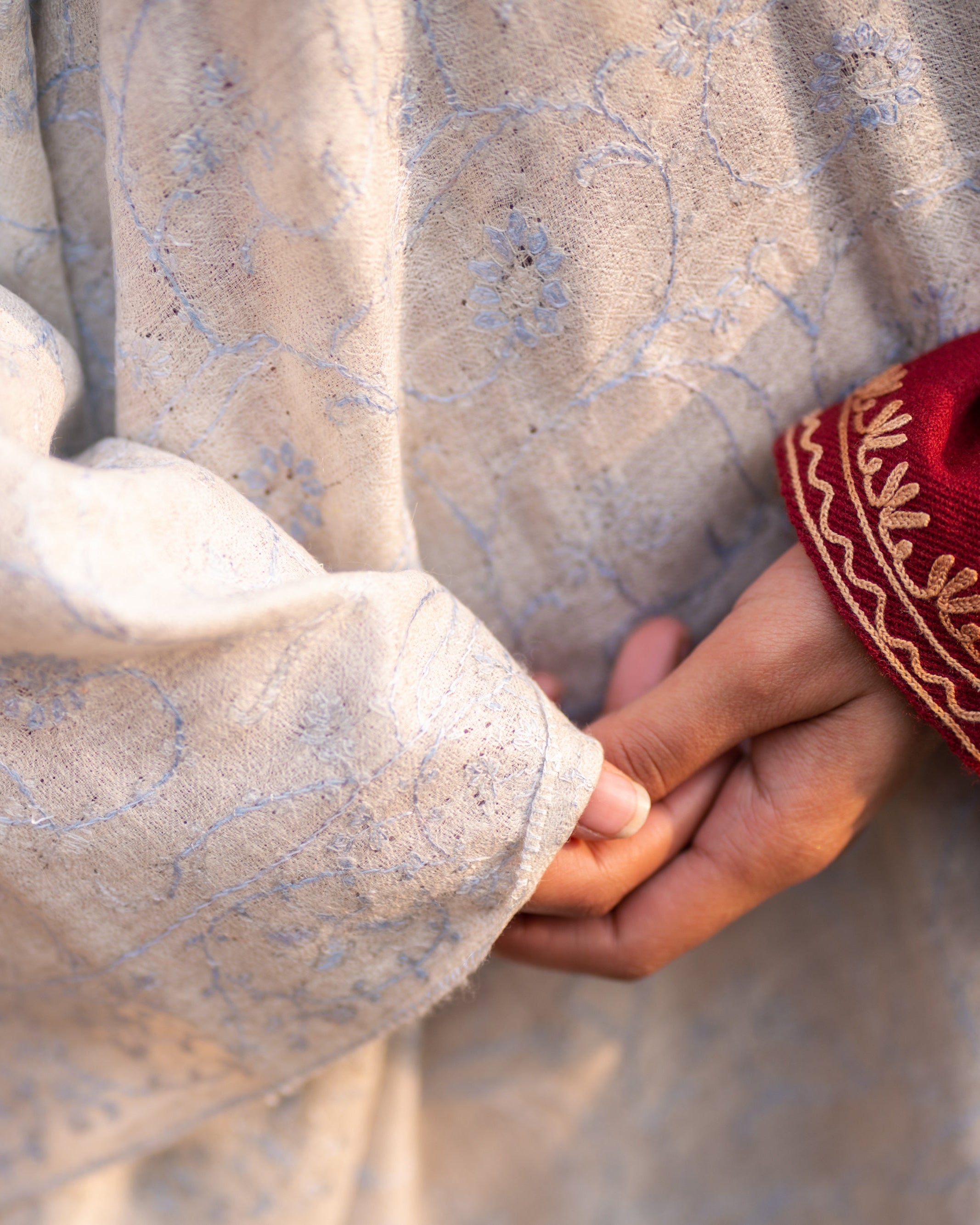 Ivory Sozni Hand Embroidered Pashmina Wrap