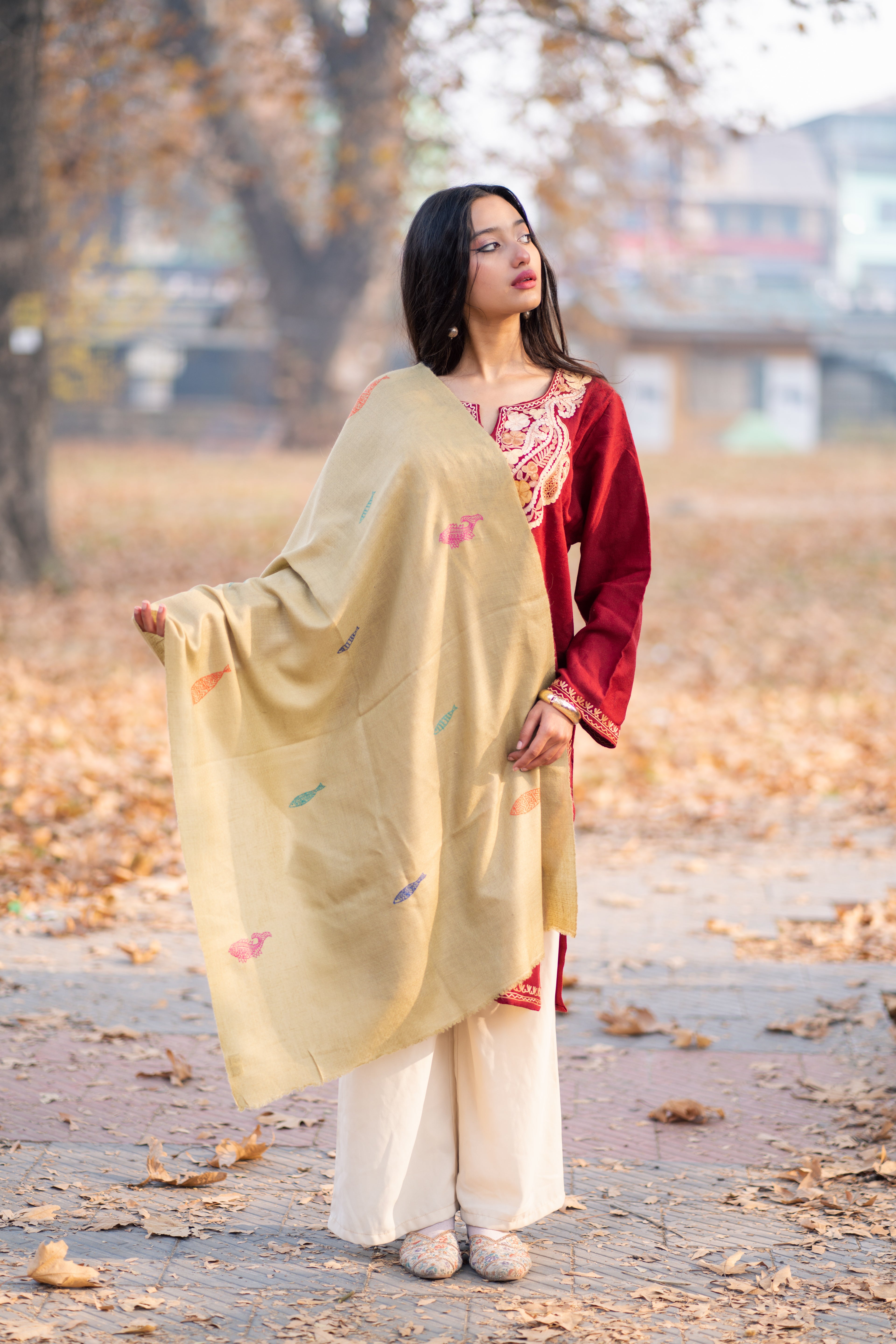 Olive Green Sozni Hand Embroidered Pashmina Wrap