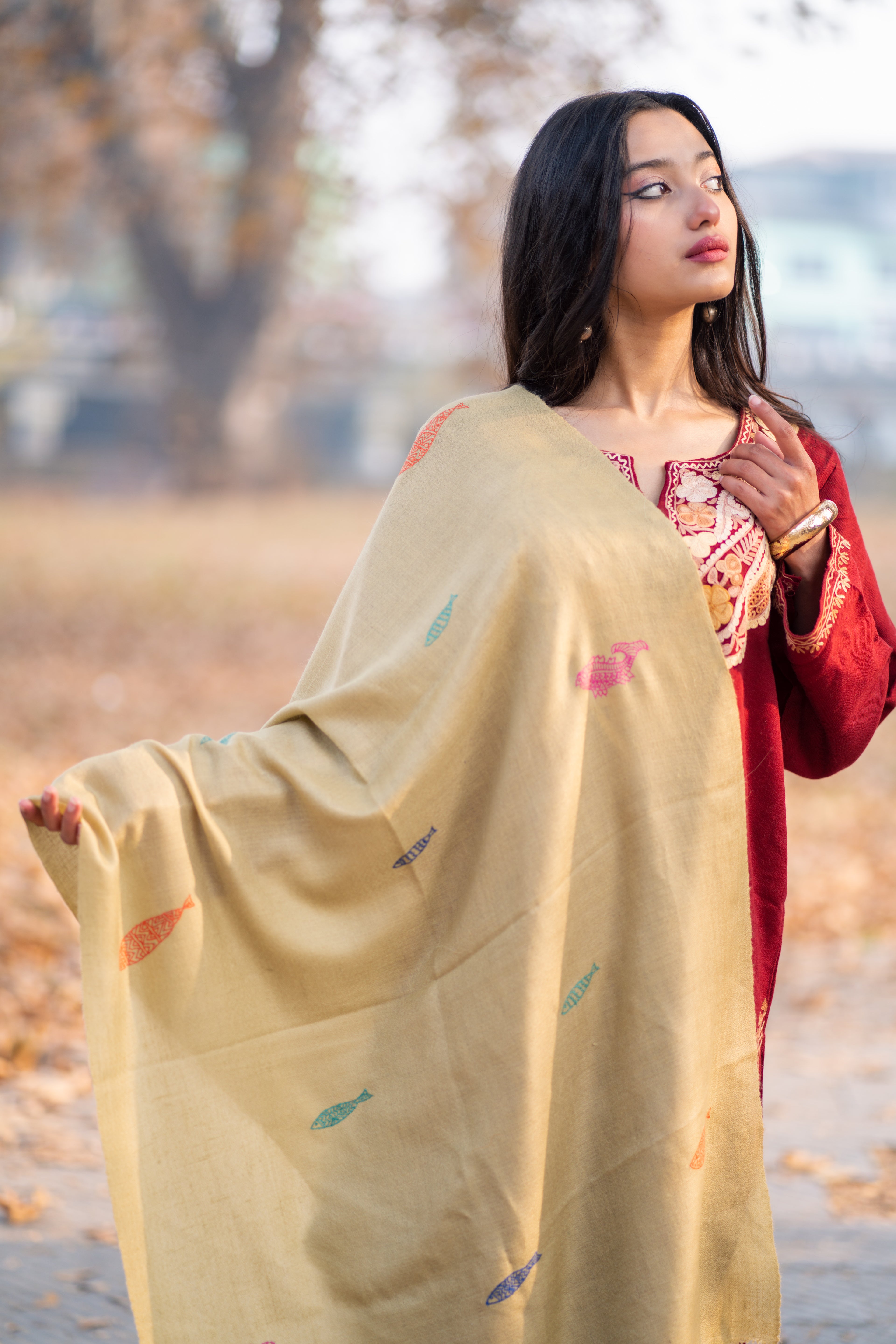 Olive Green Sozni Hand Embroidered Pashmina Wrap