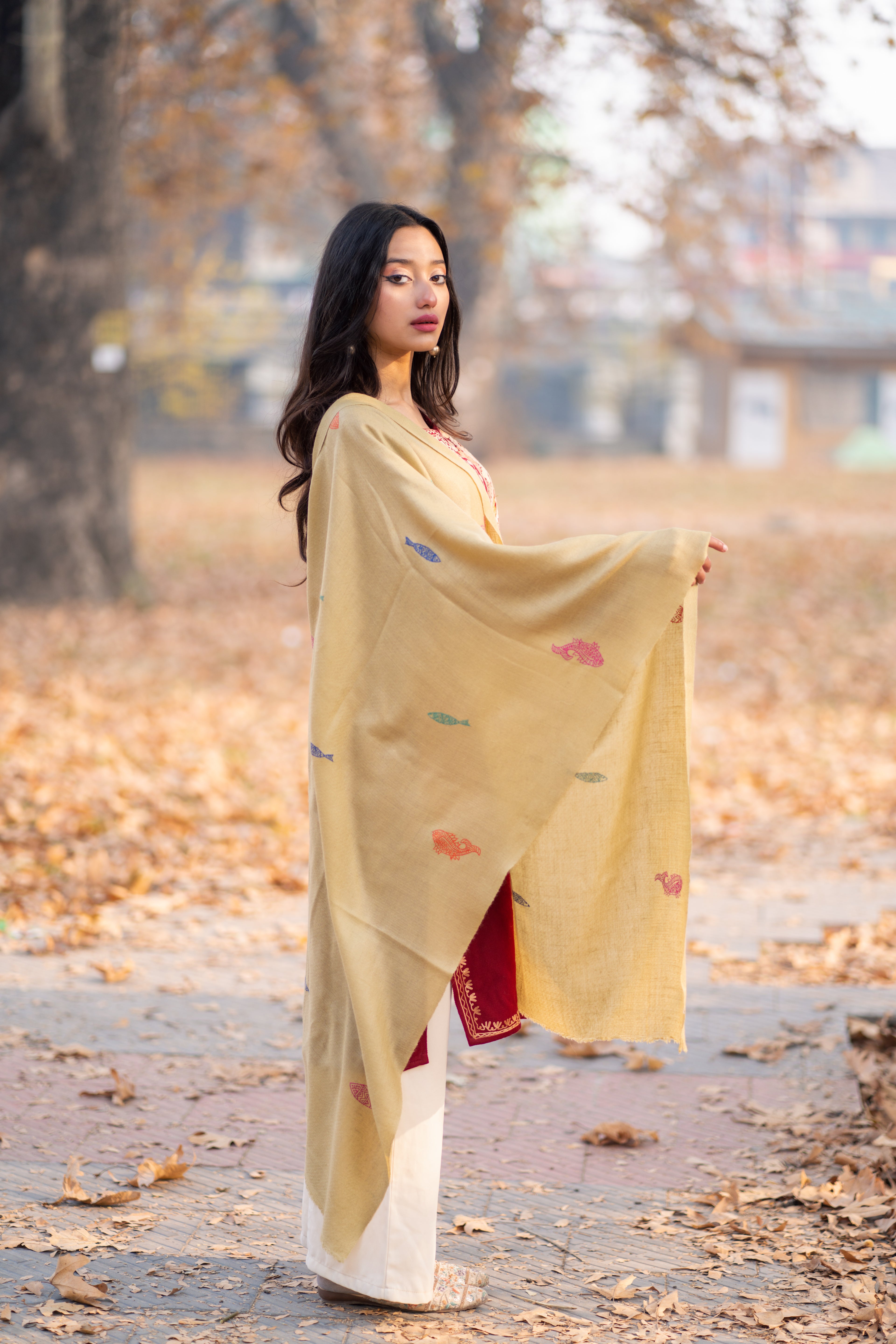 Olive Green Sozni Hand Embroidered Pashmina Wrap