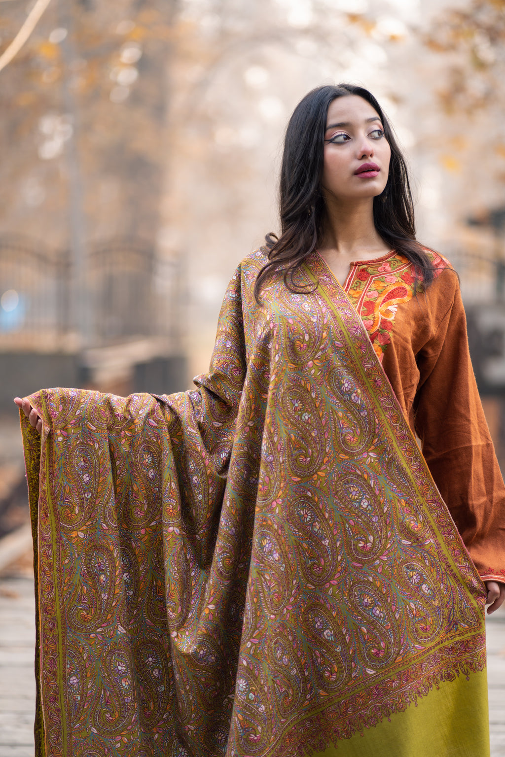 Green Sozni Hand Embroidered Jamawar Pashmina Shawl