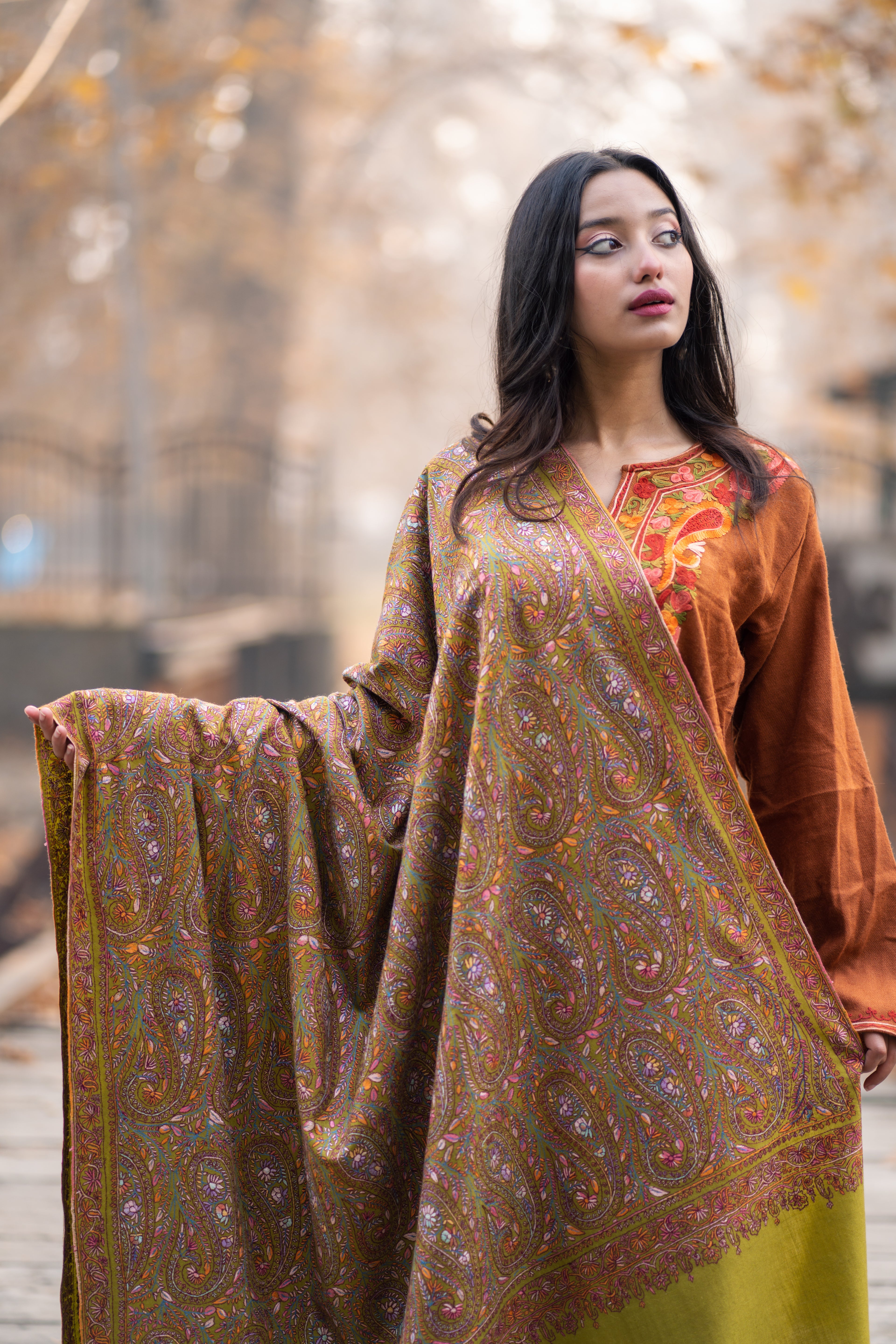 Green Sozni Hand Embroidered Jamawar Pashmina Shawl