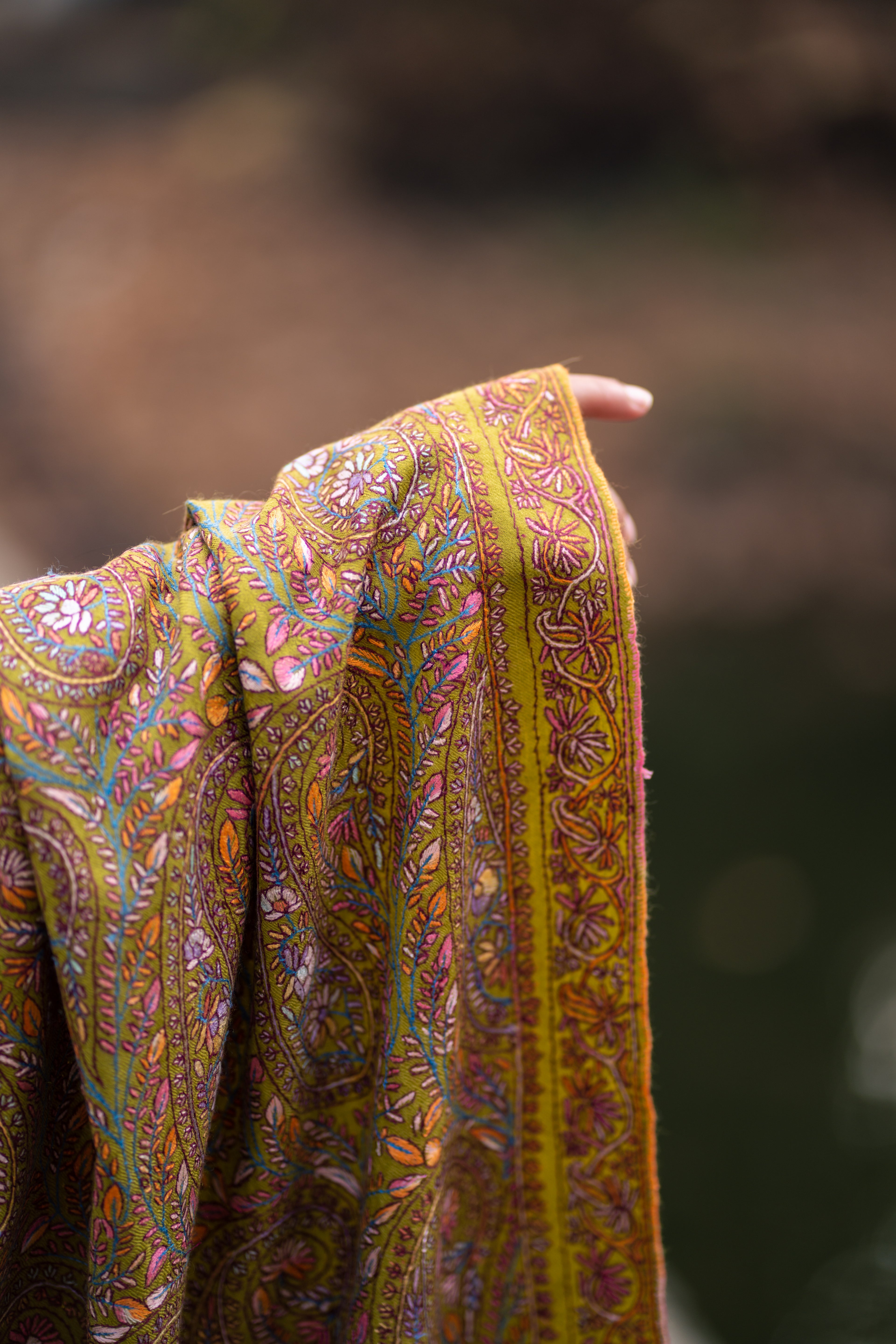 Green Sozni Hand Embroidered Jamawar Pashmina Shawl