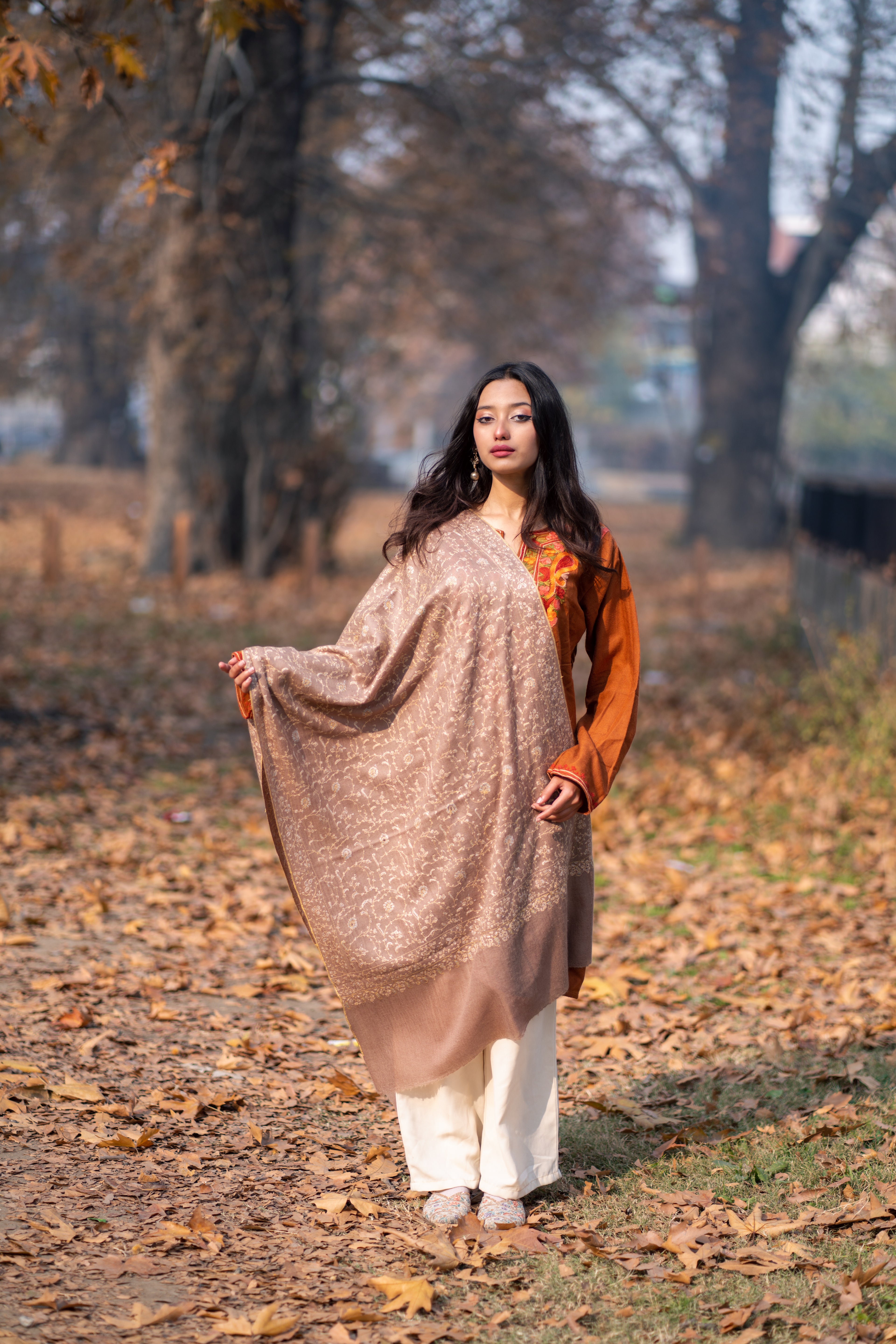 Beige Sozni Hand Embroidered Pashmina Wrap