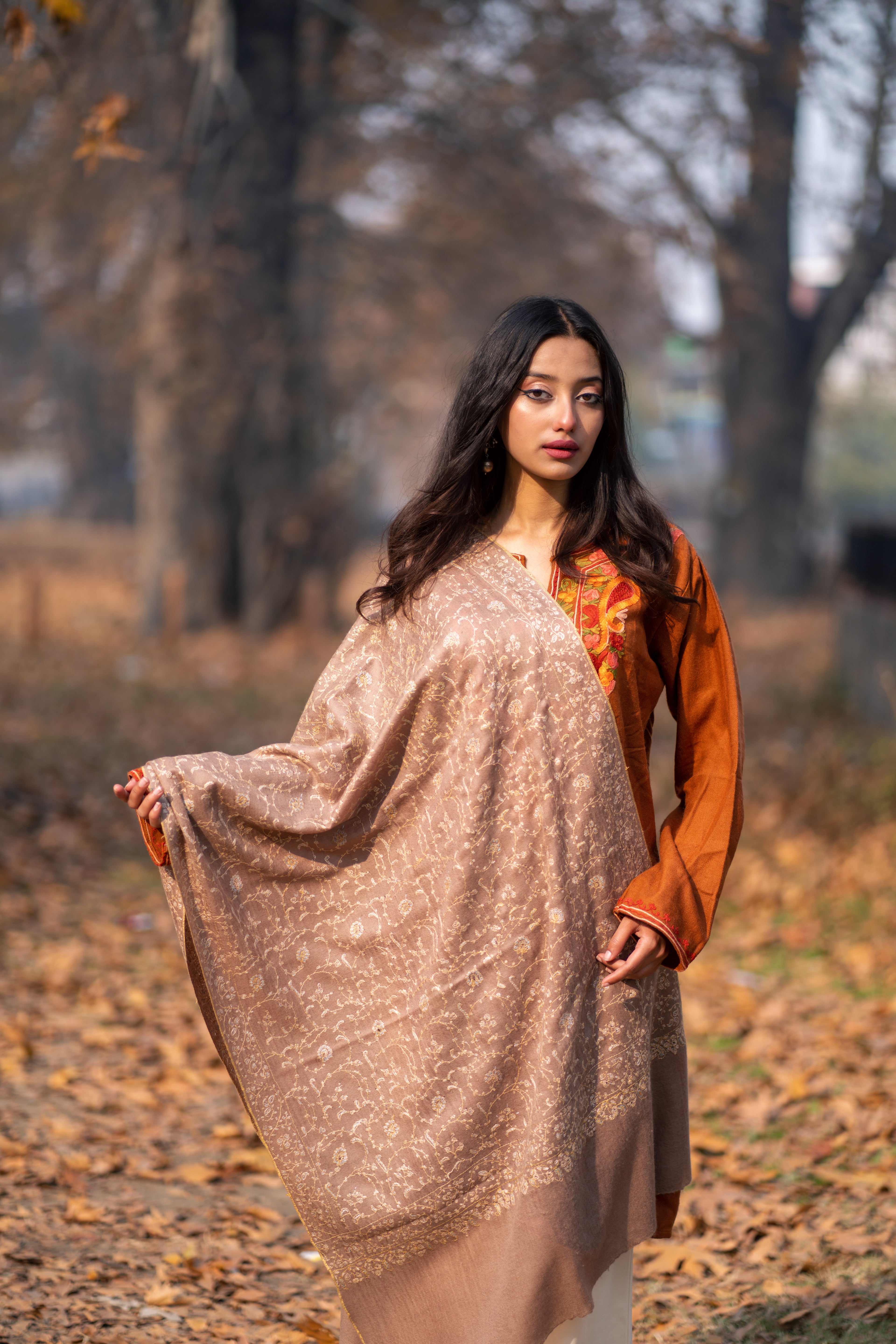 Beige Sozni Hand Embroidered Pashmina Wrap