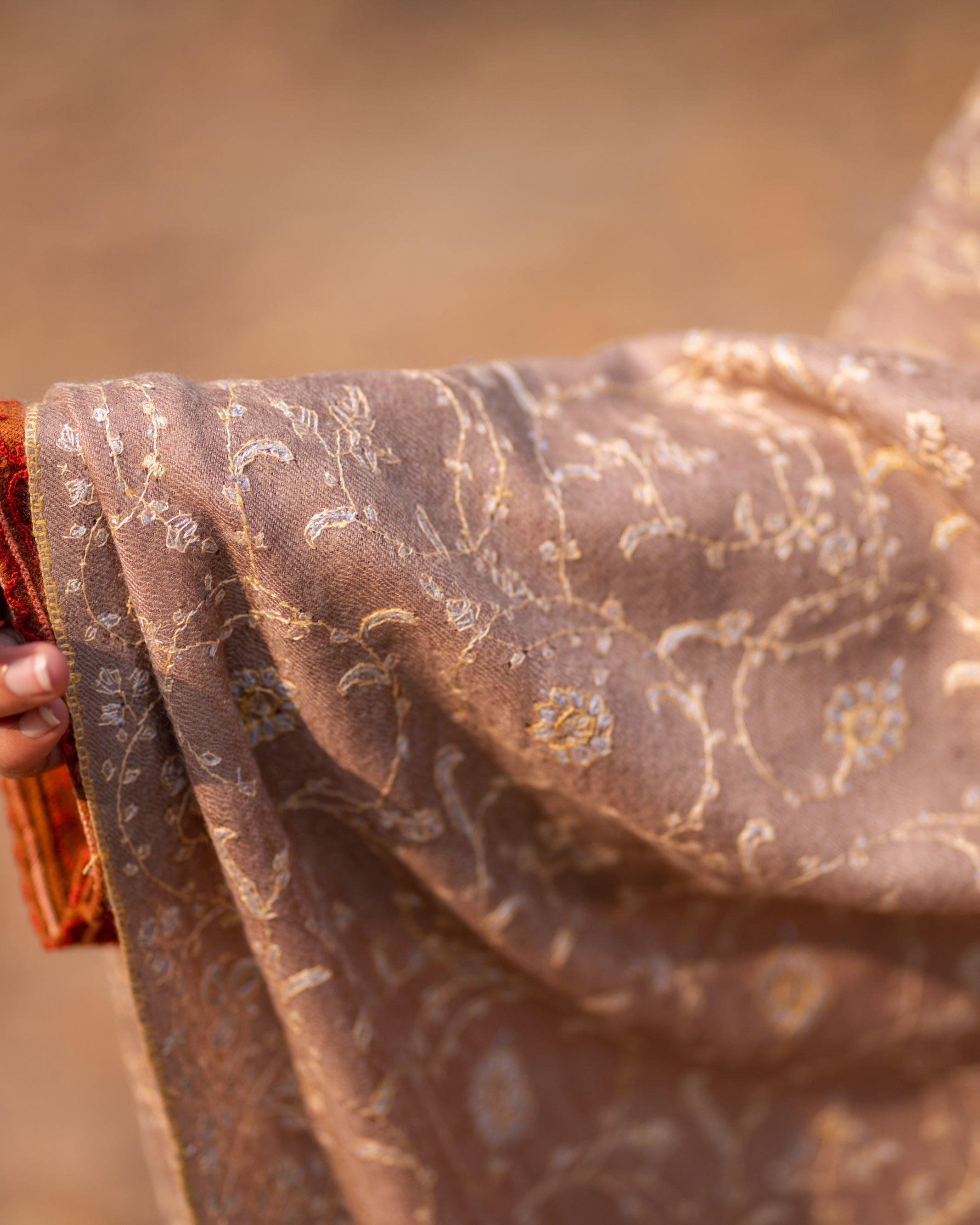 Beige Sozni Hand Embroidered Pashmina Wrap