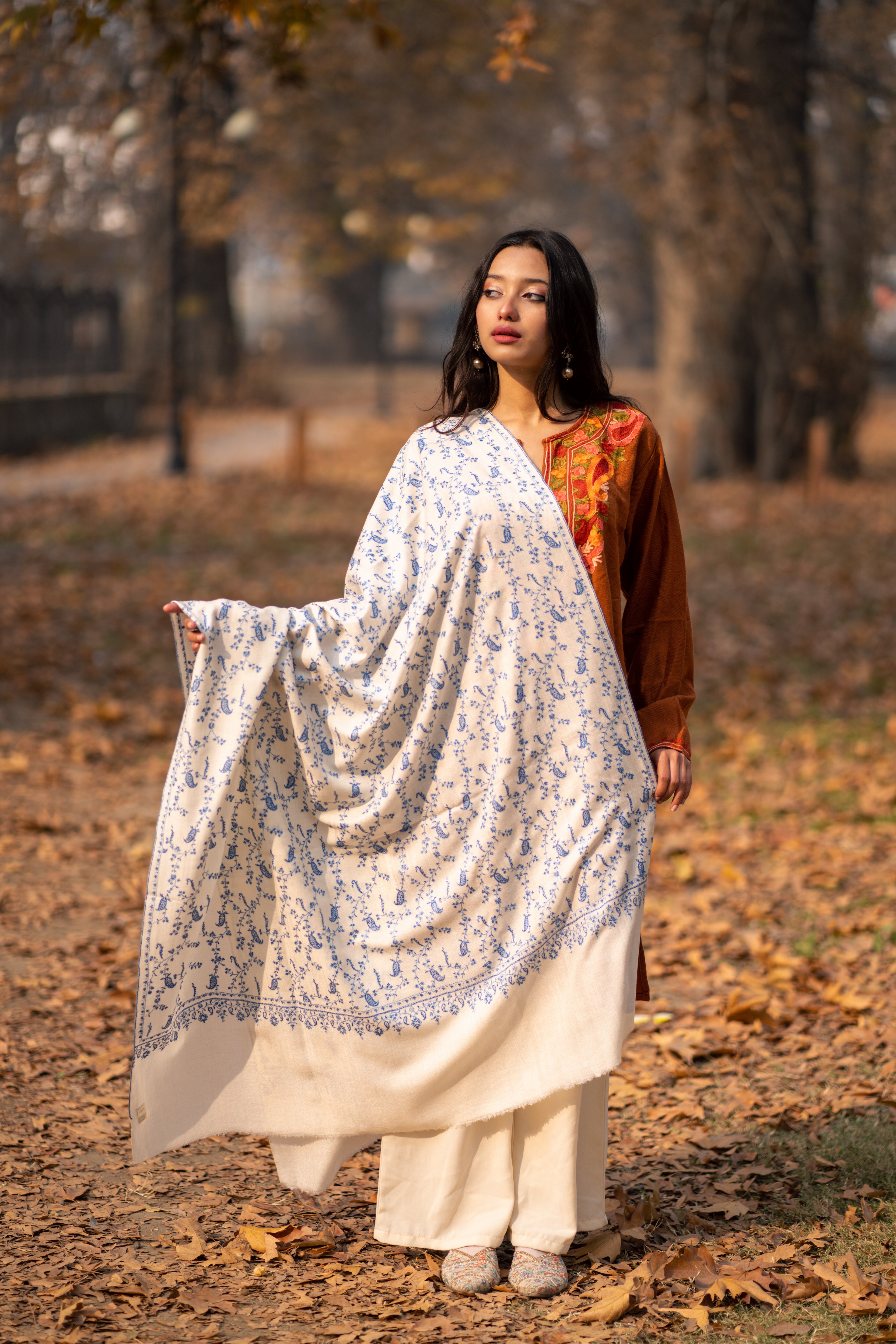 Ivory Hand Embroidered Jaal Pashmina Shawl