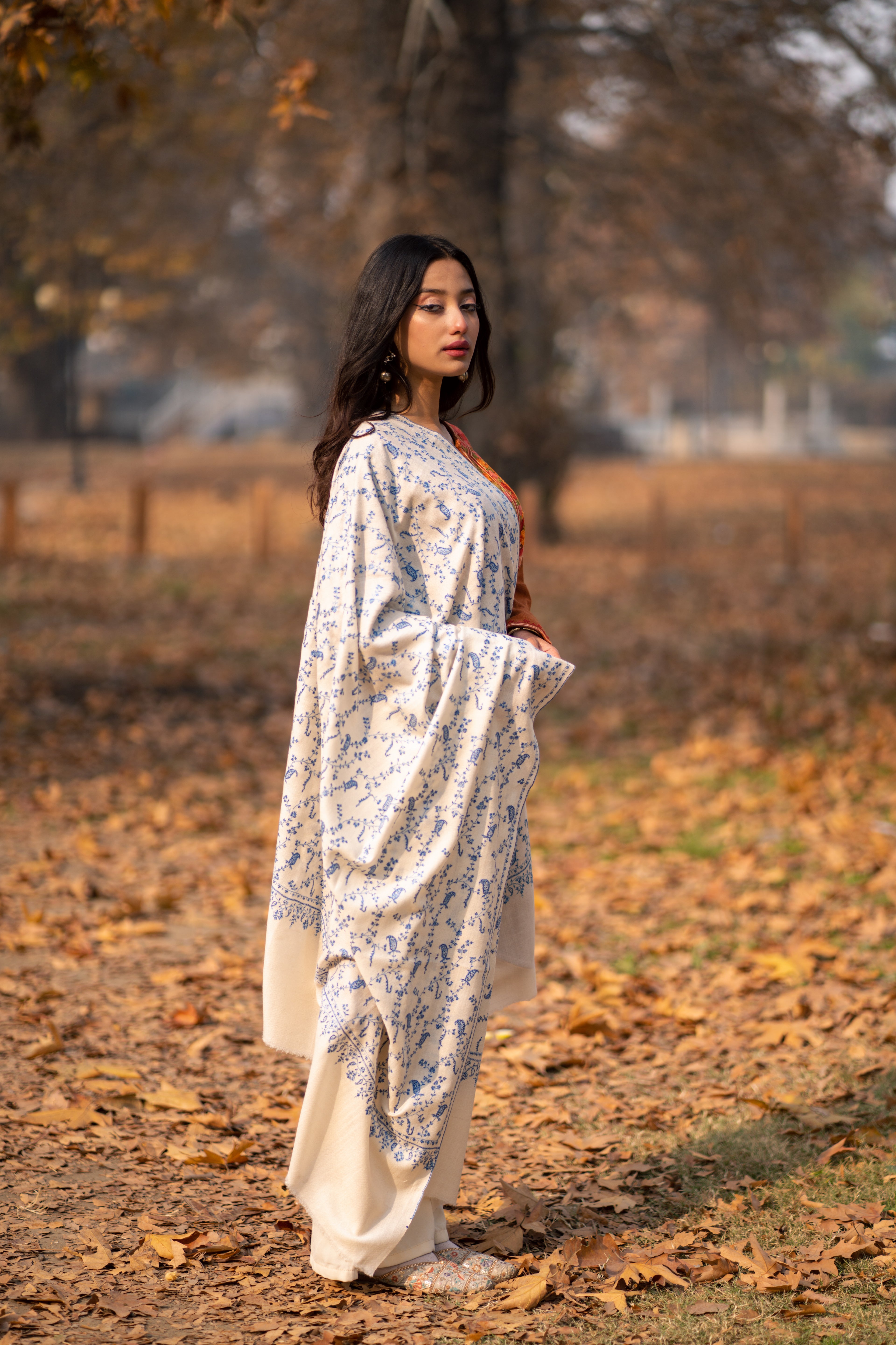 Ivory Hand Embroidered Jaal Pashmina Shawl