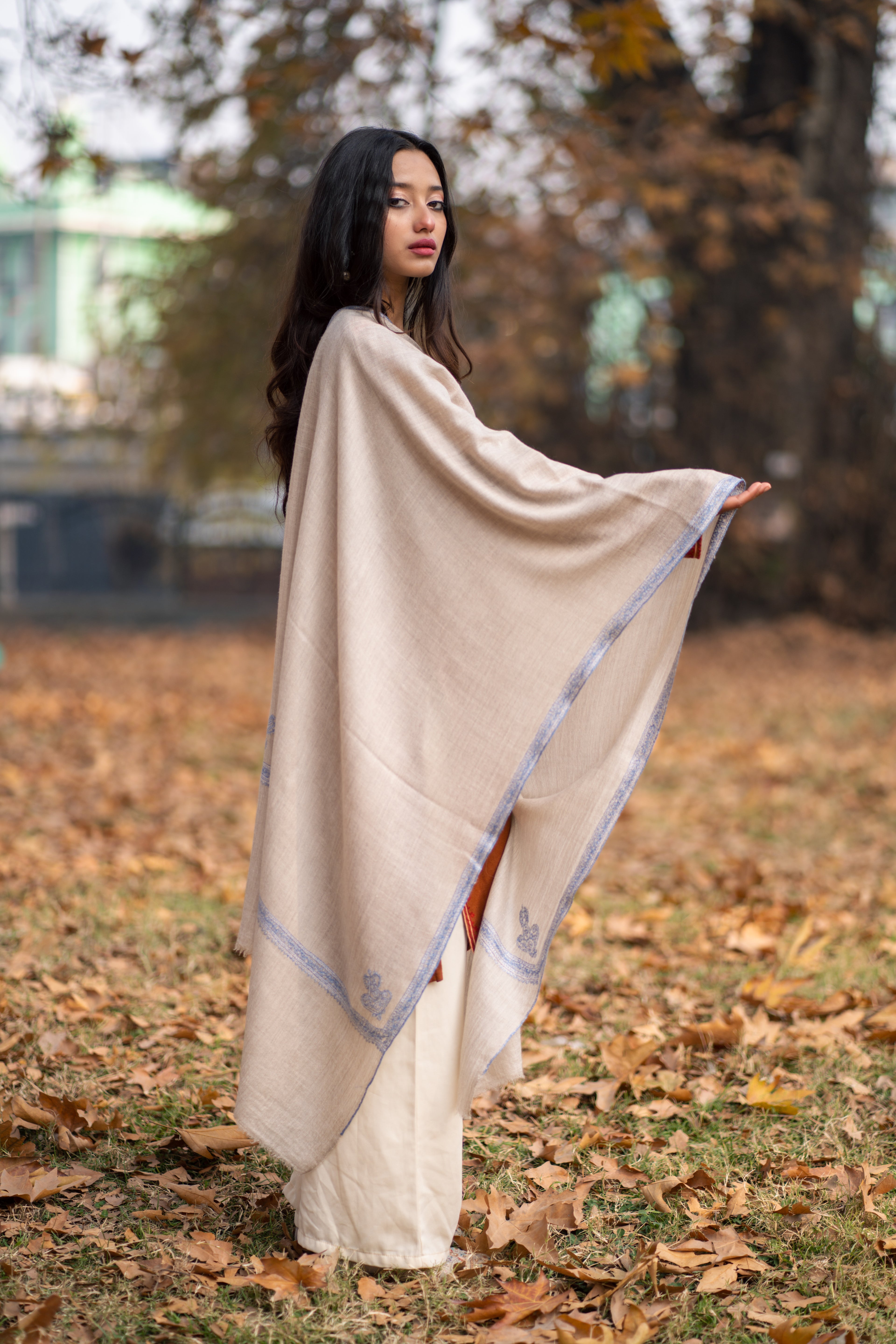 Grey Sozni Embroidered Pashmina Wrap