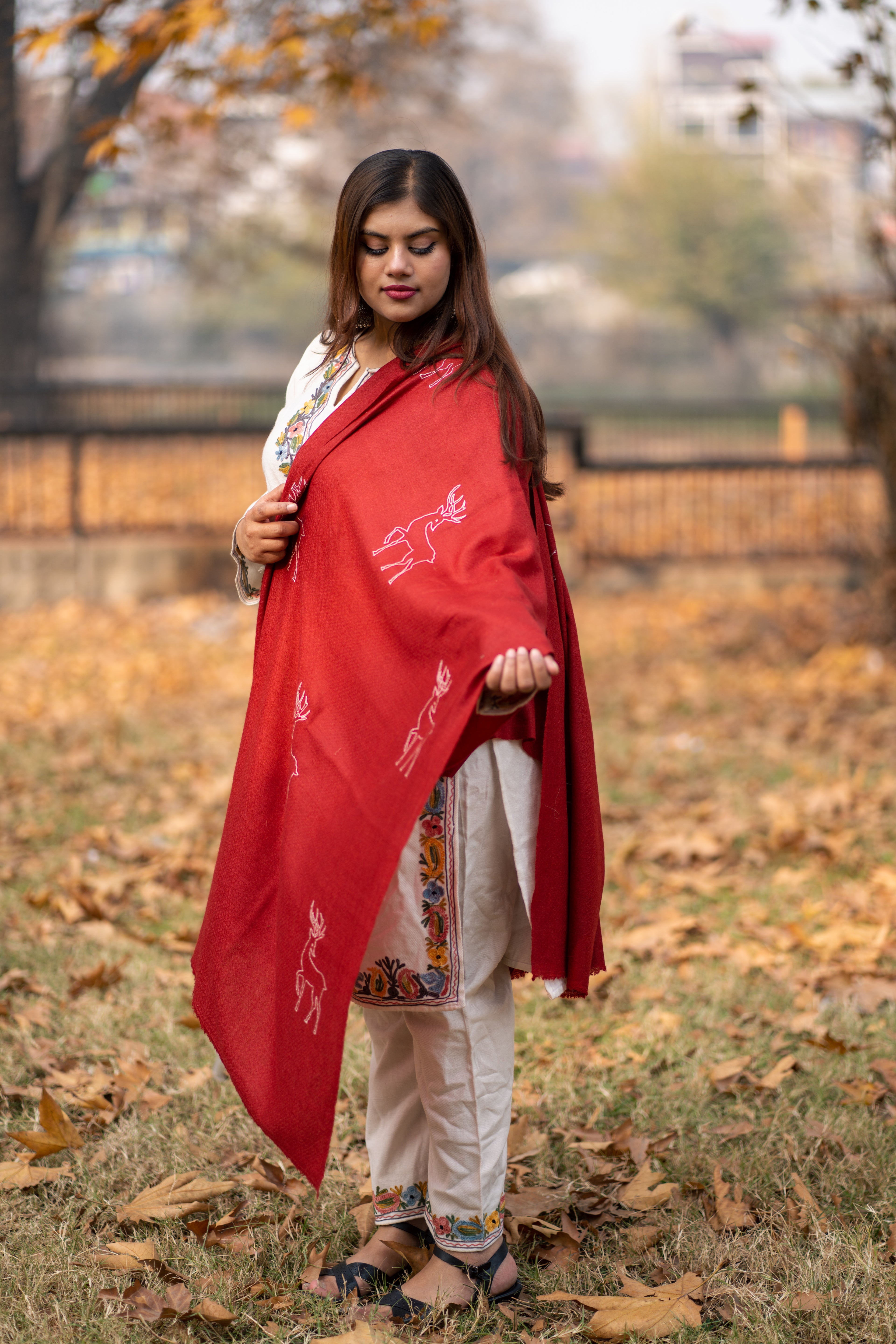 Red Sozni Hand Embroidered Pashmina Wrap