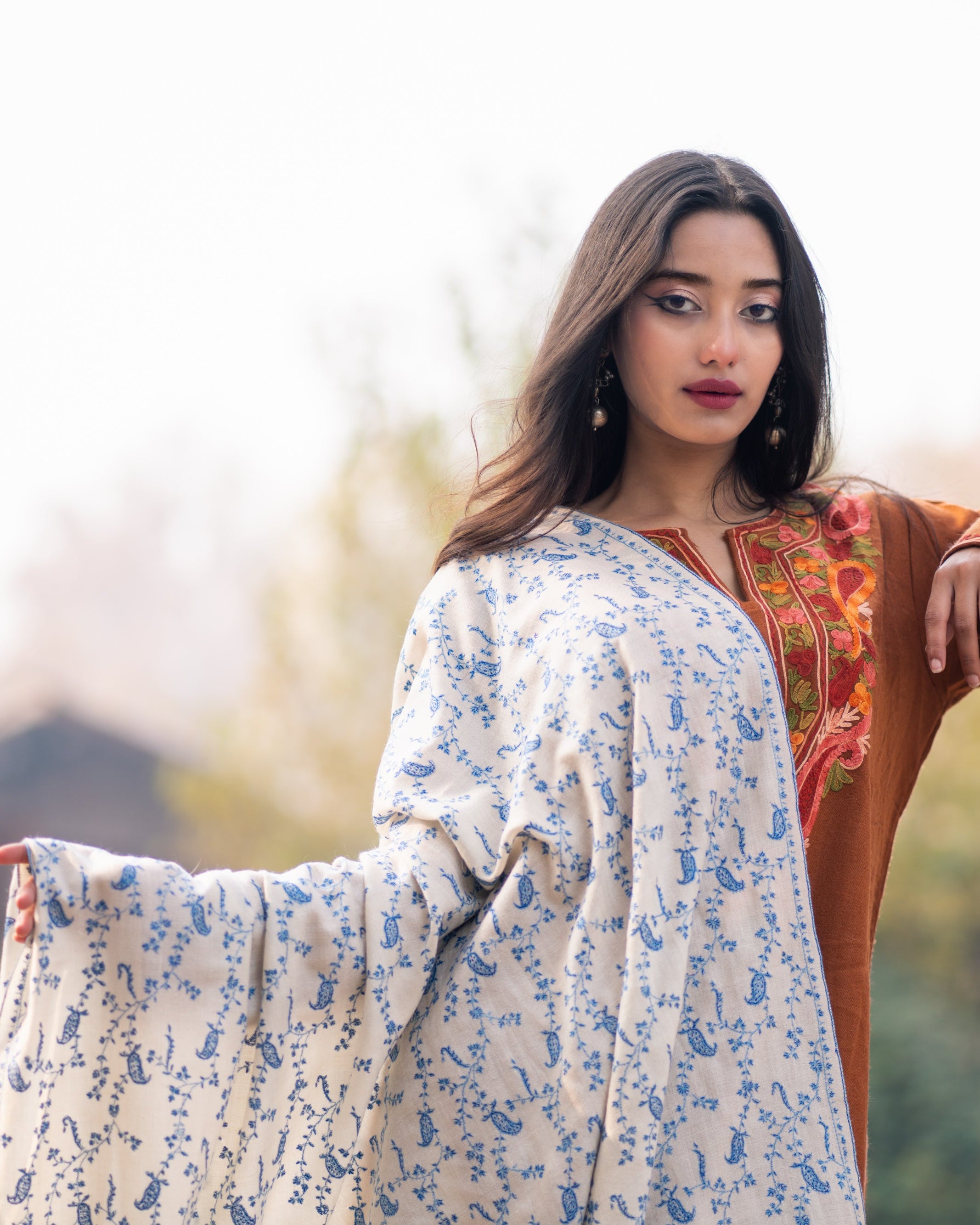 Ivory Hand Embroidered Jaal Pashmina Shawl