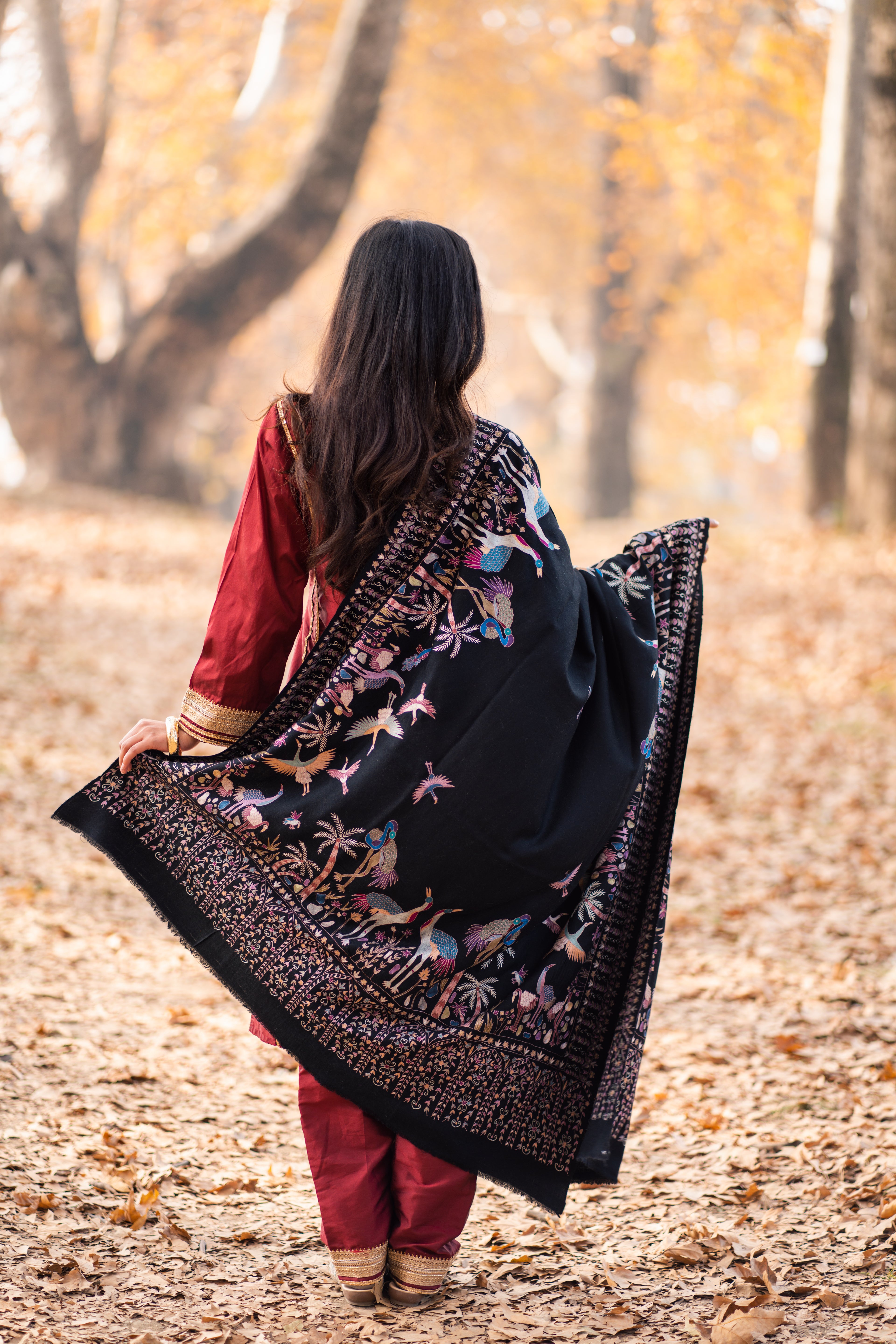 Midnight Paradise Kalamkari Pashmina Shawl