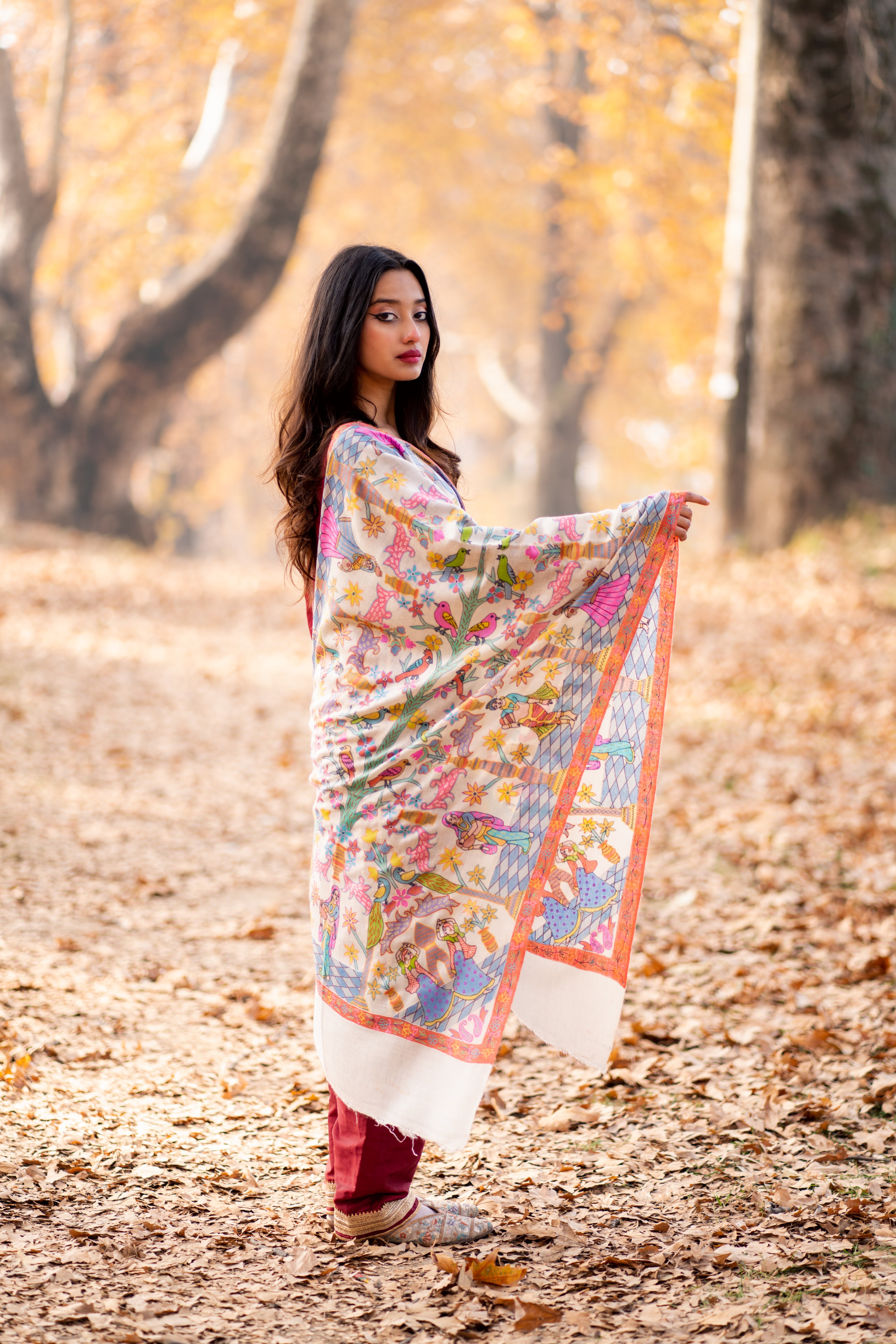 Ivory Hand Painted Hand Embroidered Pashmina Wrap