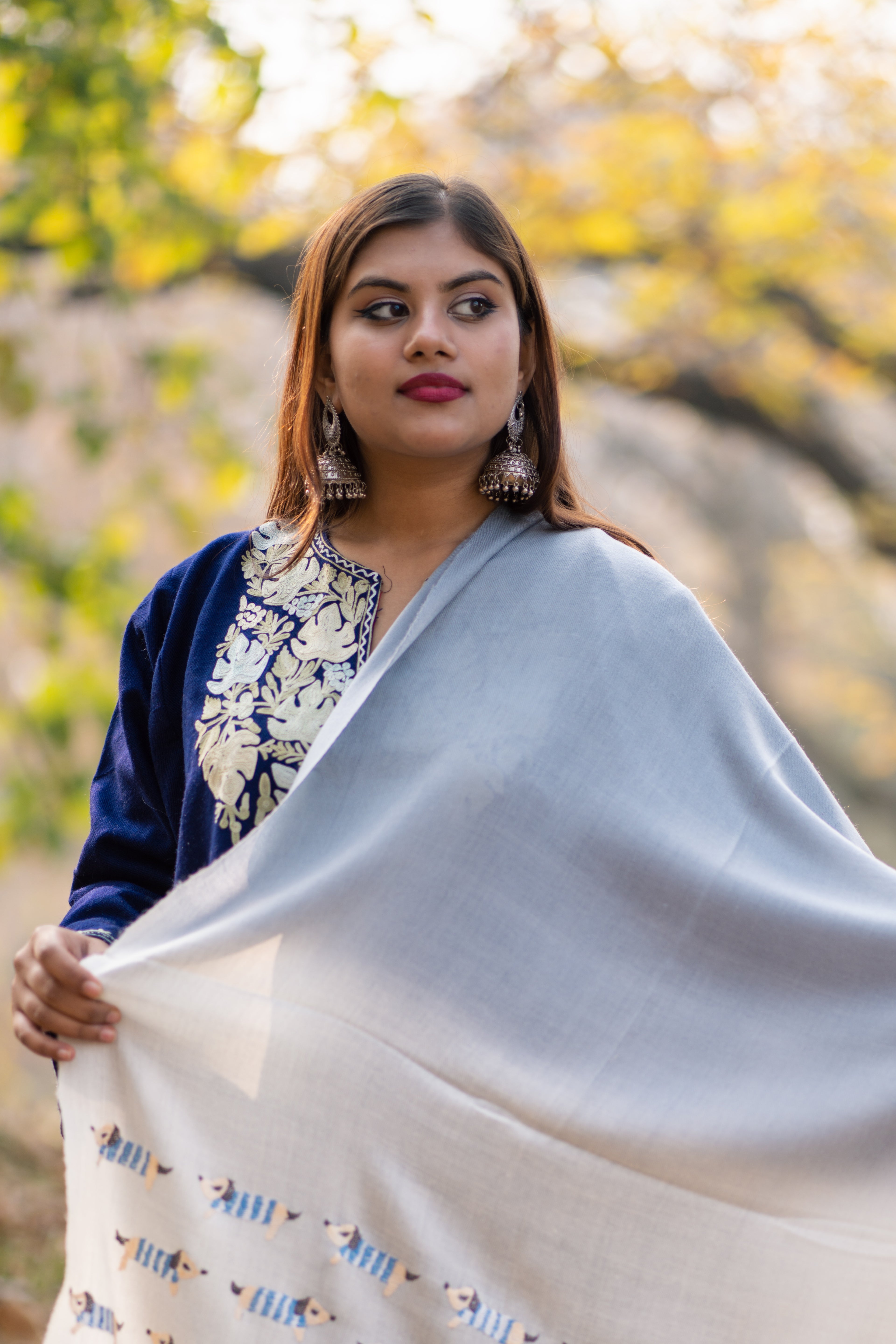 Blue and White Ombre Sozni Hand Embroidered Pashmina Wrap