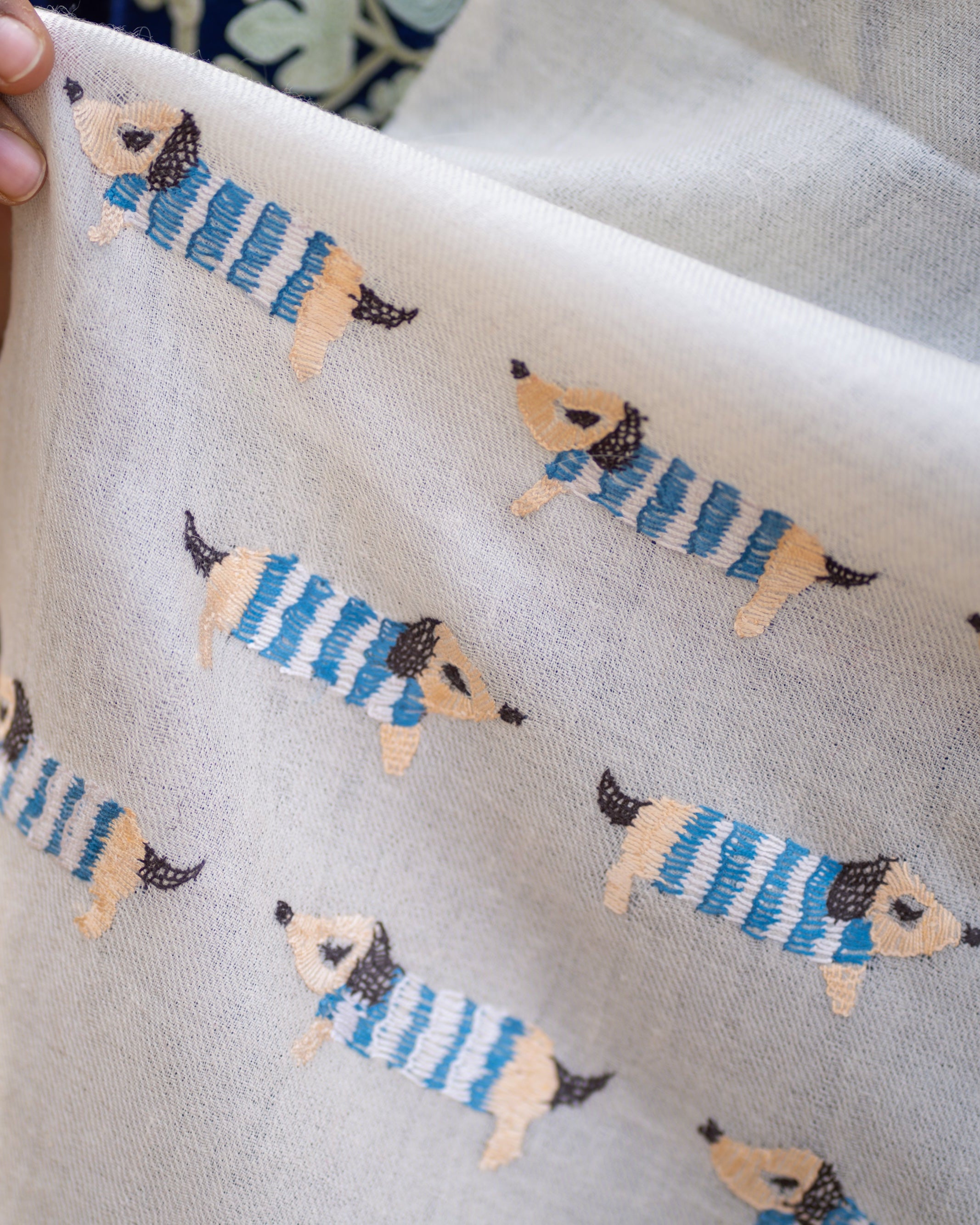 Blue and White Ombre Sozni Hand Embroidered Pashmina Wrap