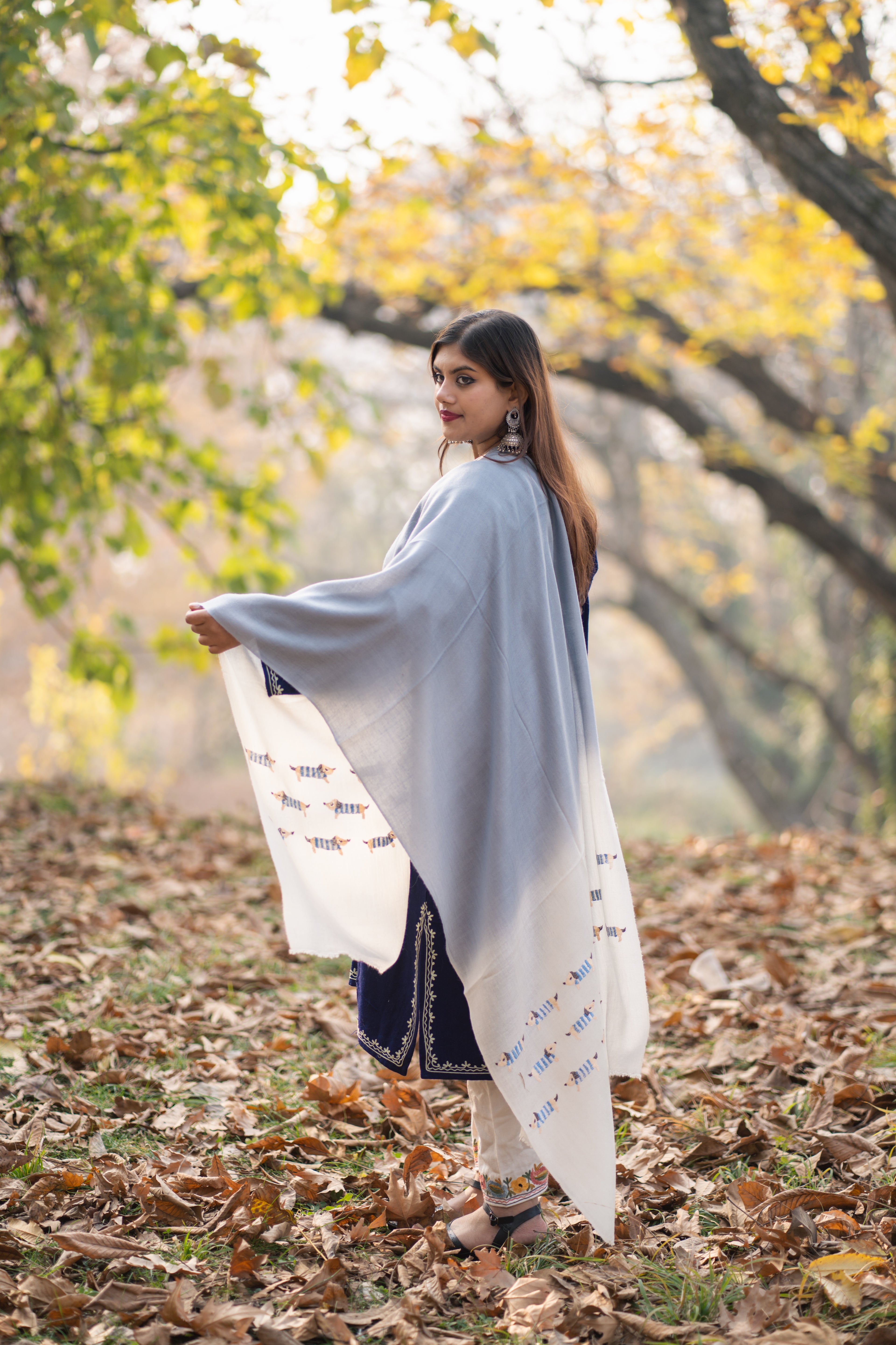 Blue and White Ombre Sozni Hand Embroidered Pashmina Wrap