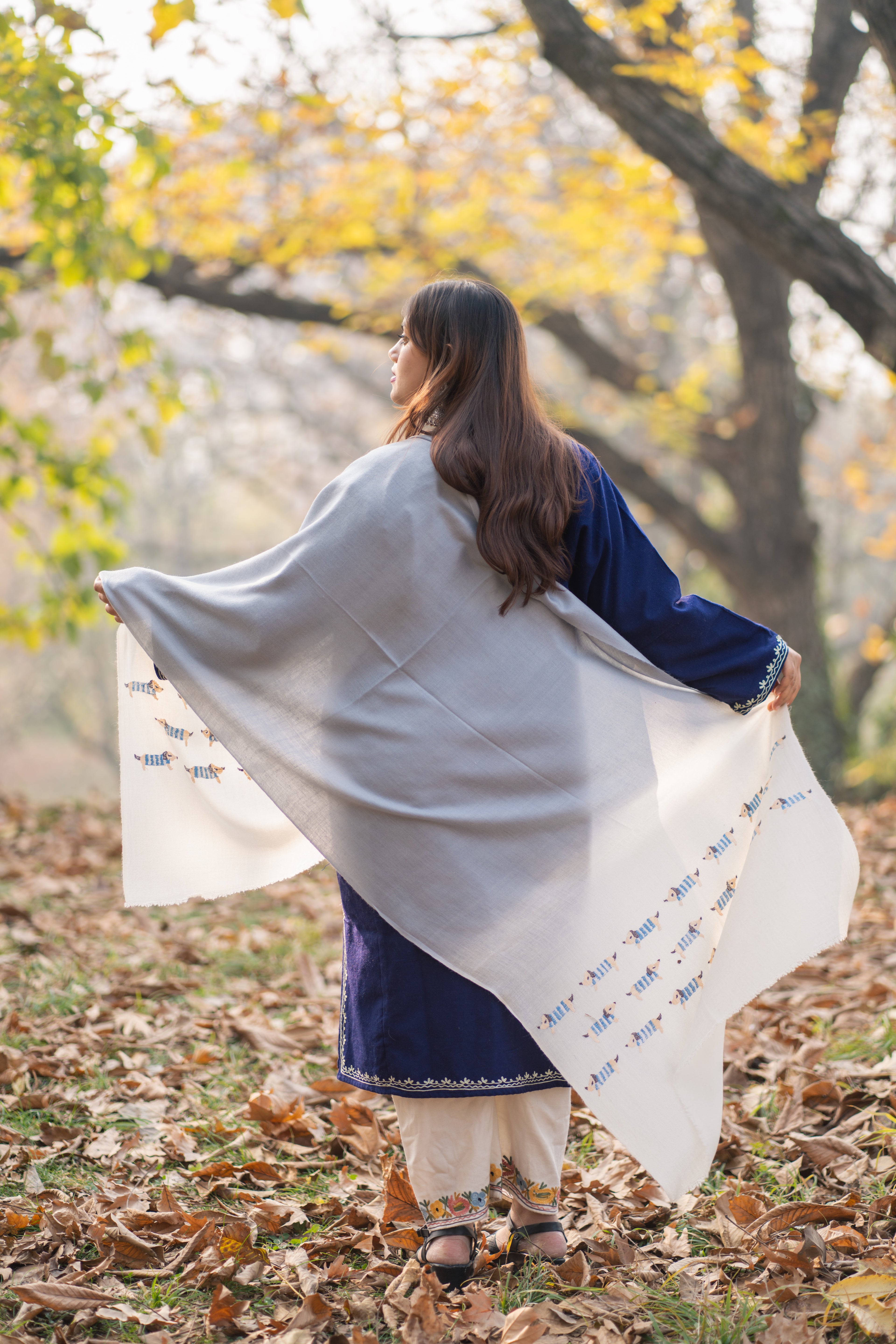 Blue and White Ombre Sozni Hand Embroidered Pashmina Wrap