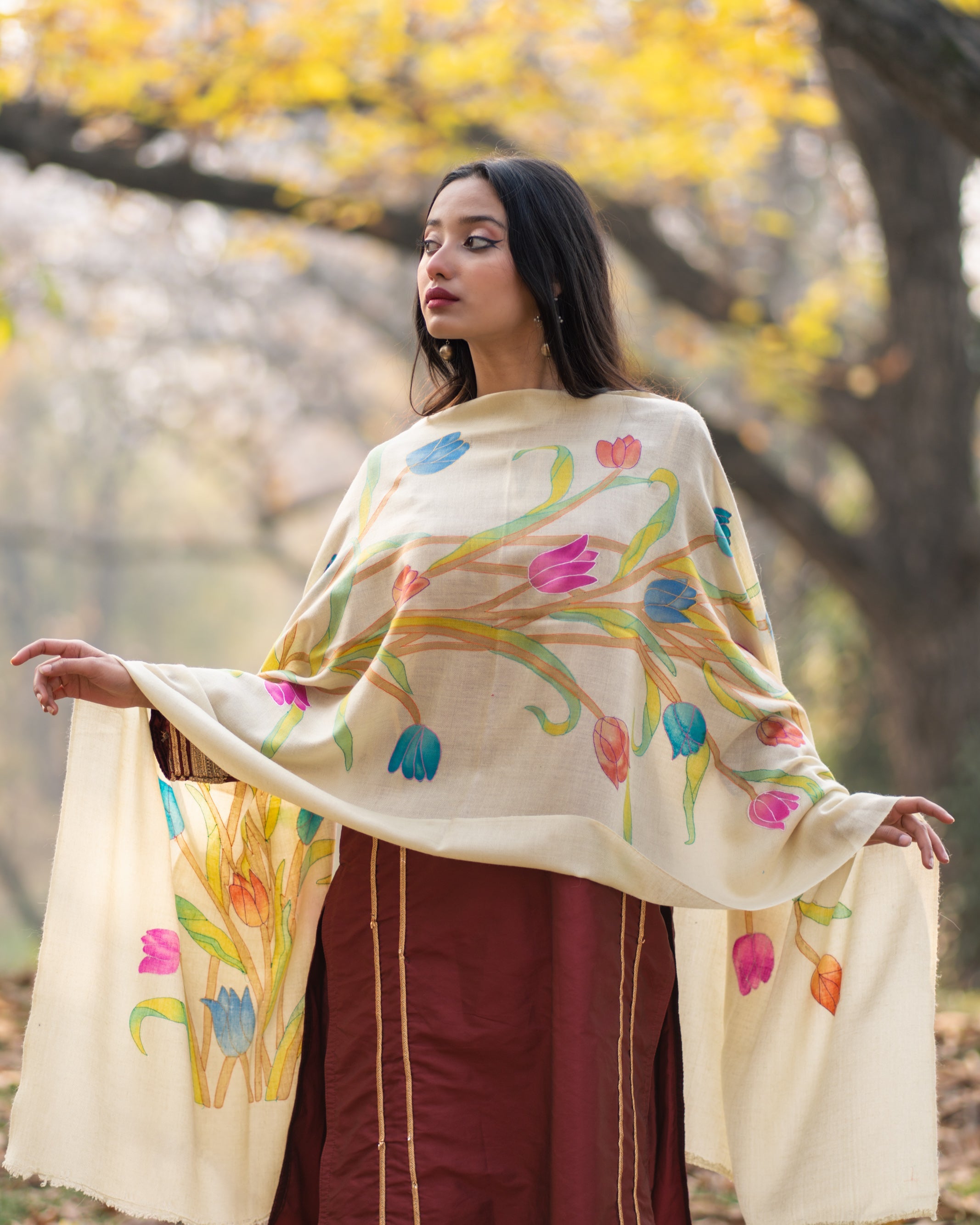 Lime Green  Hand Painted Hand Embroidered Pashmina Wrap