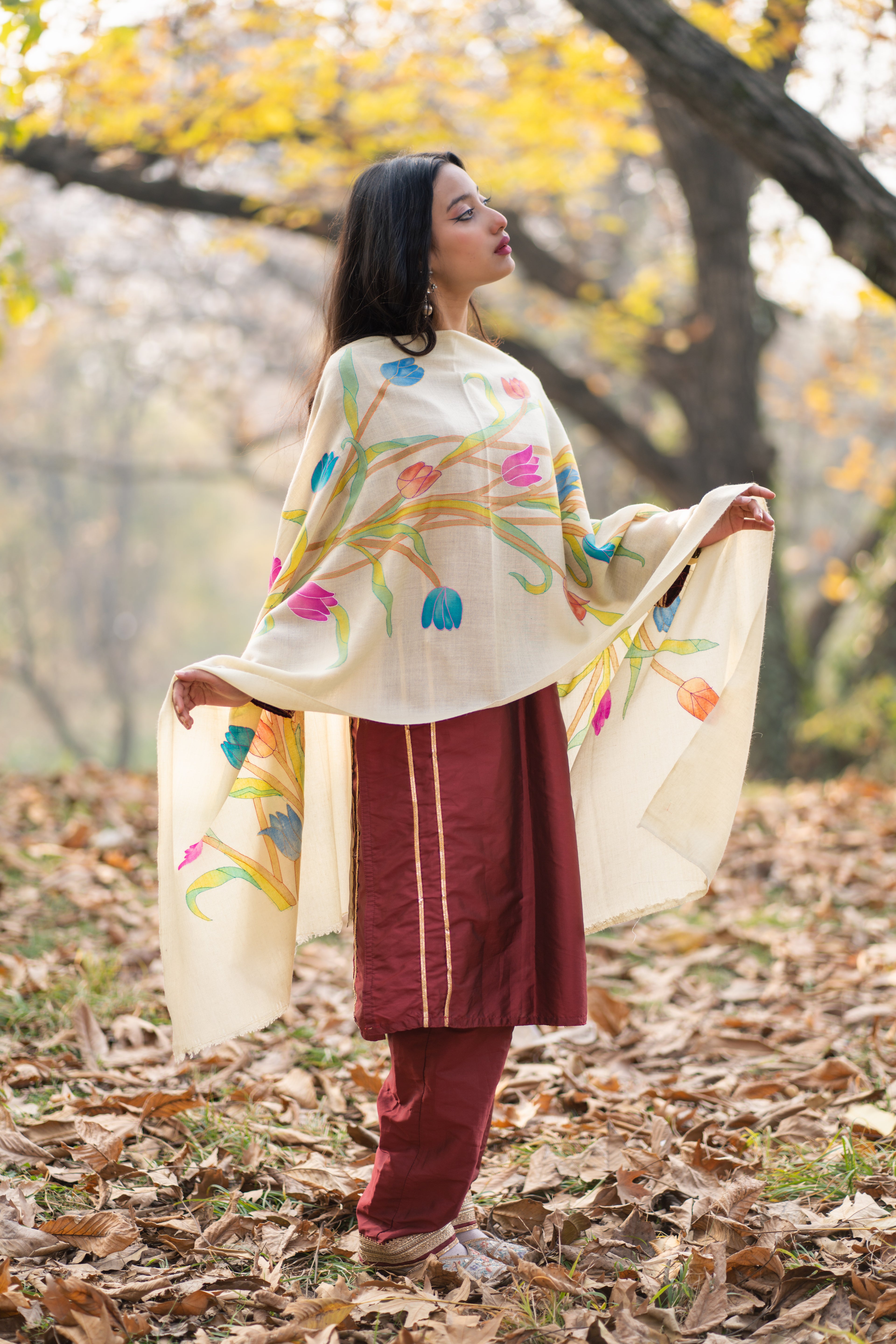 Lime Green  Hand Painted Hand Embroidered Pashmina Wrap