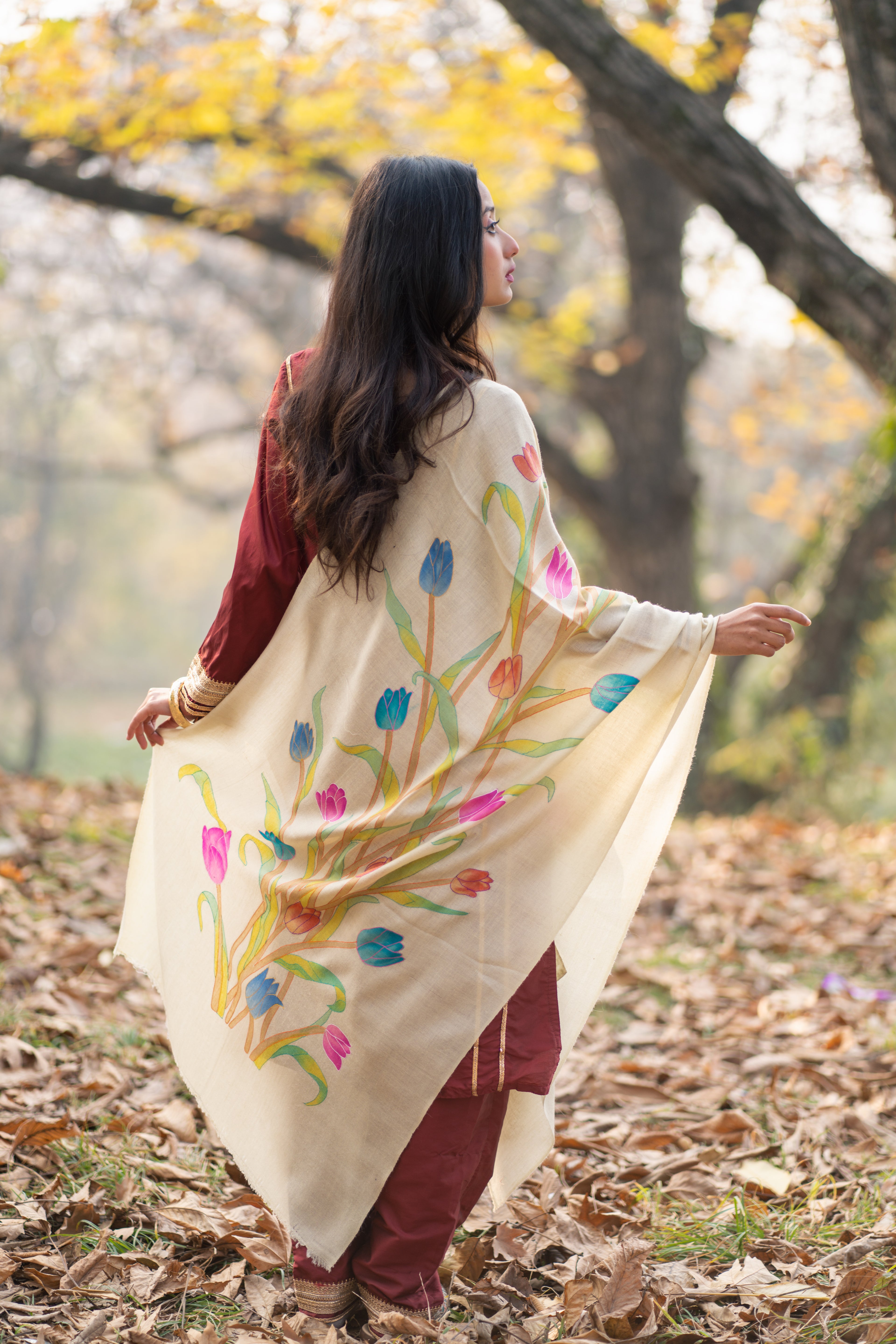 Lime Green  Hand Painted Hand Embroidered Pashmina Wrap