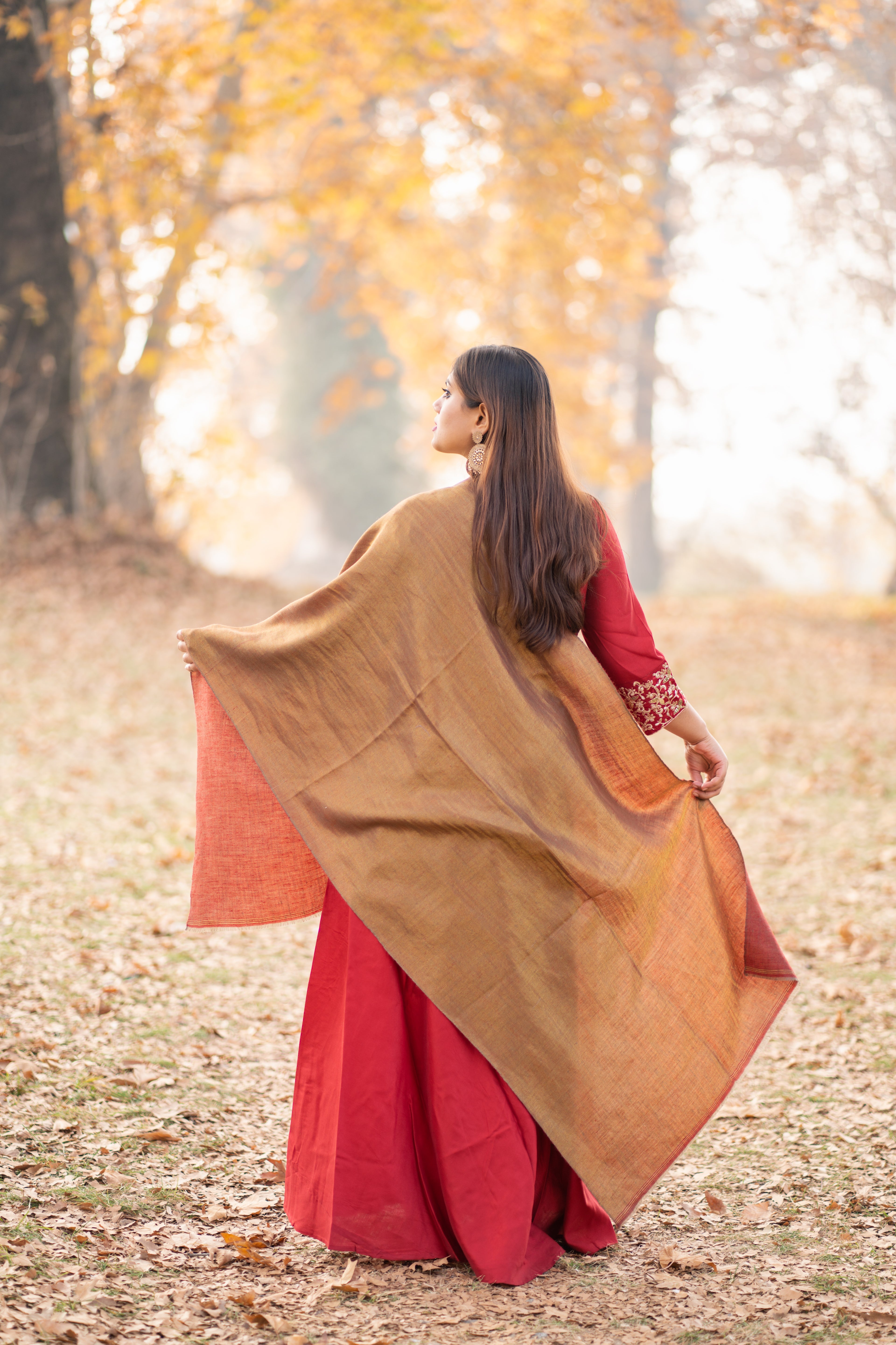 Red and Gold Zari Weave  Reversible Pashmina Wrap