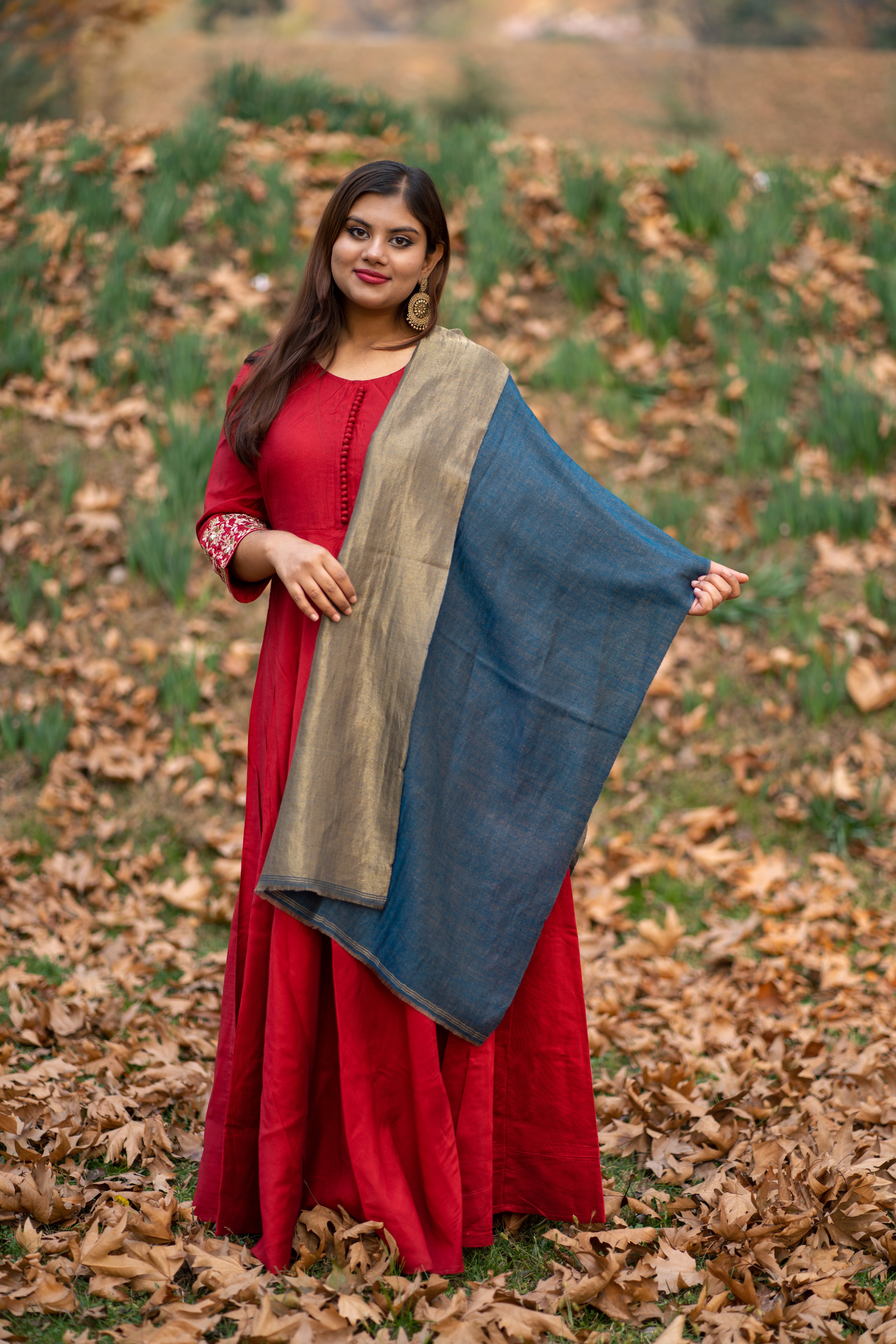 Blue and Gold Zari Weave  Reversible Pashmina Wrap