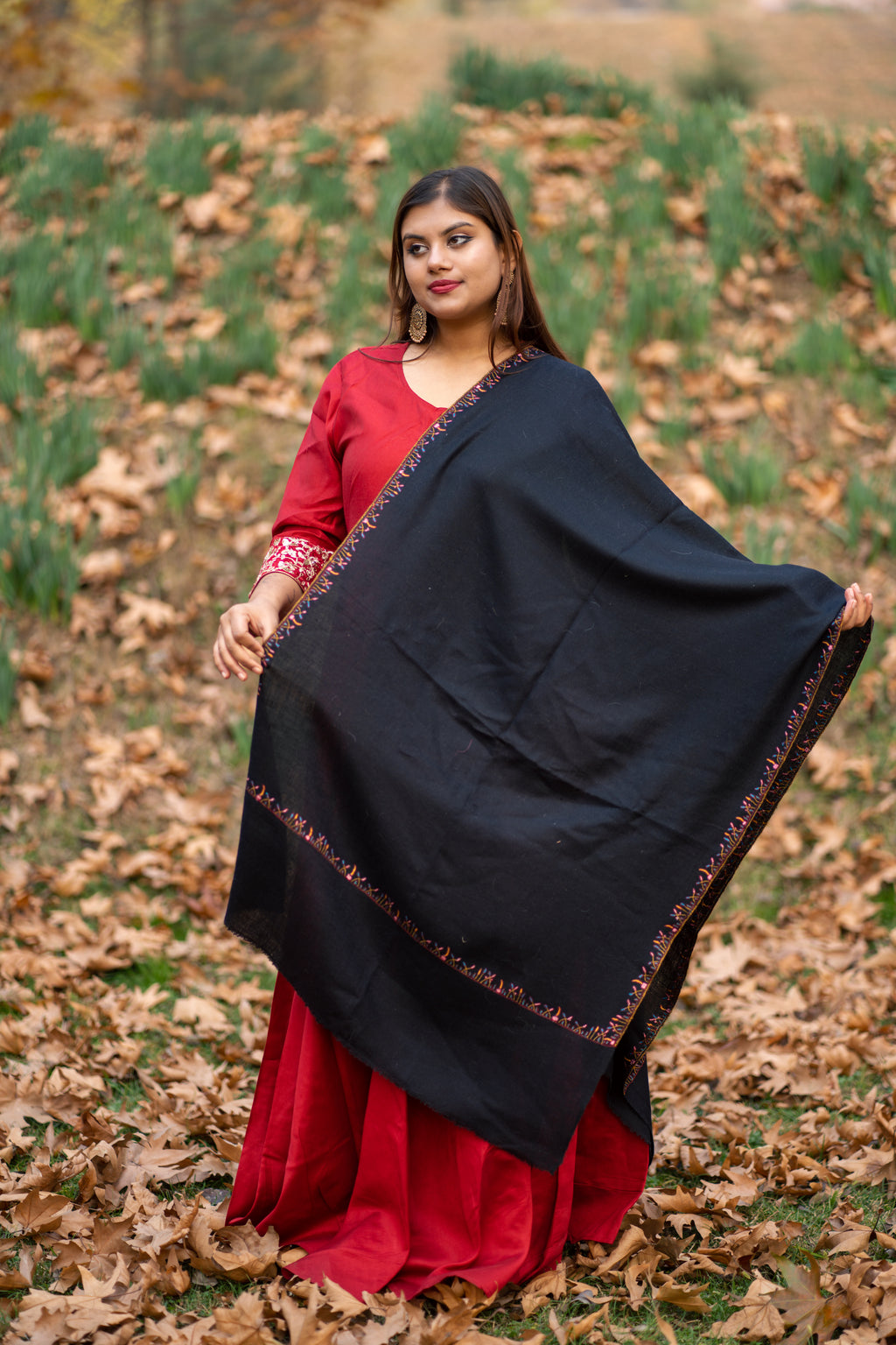 Black Sozni Hand Embroidered Pashmina Wrap