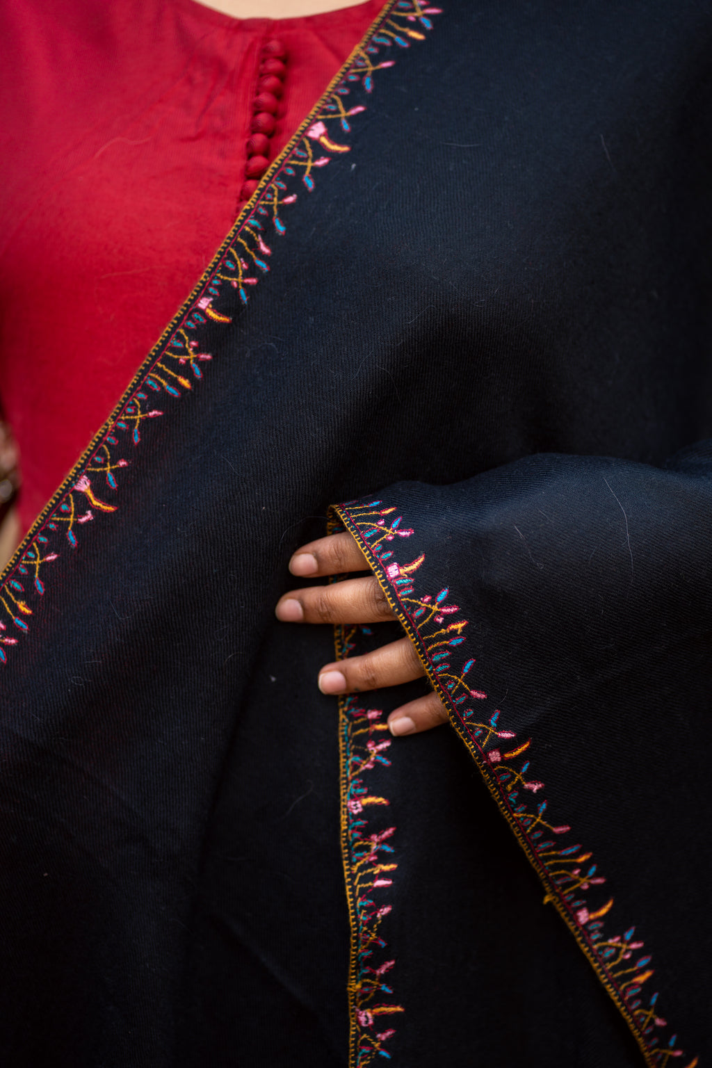 Black Sozni Hand Embroidered Pashmina Wrap