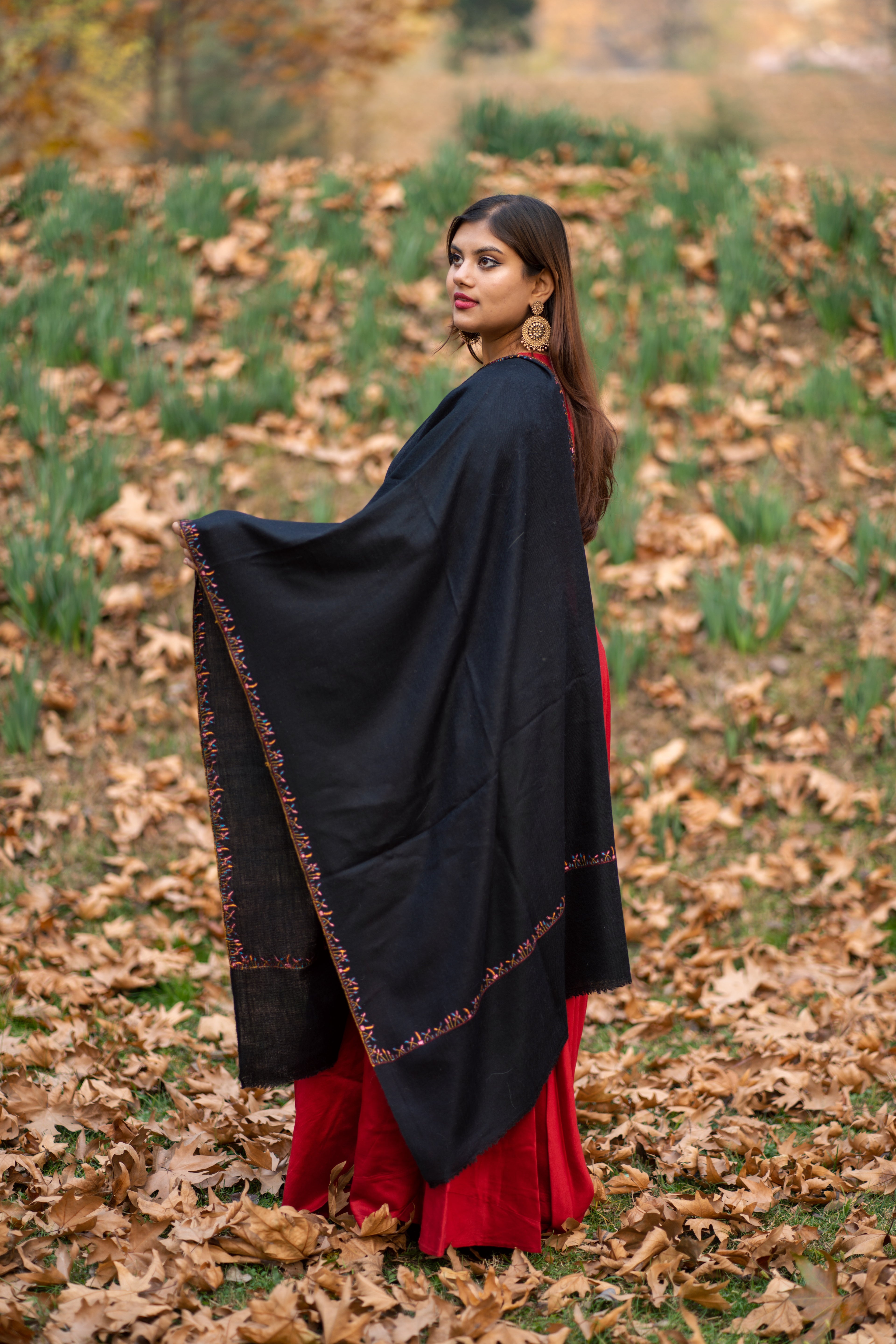 Black Sozni Hand Embroidered Pashmina Wrap
