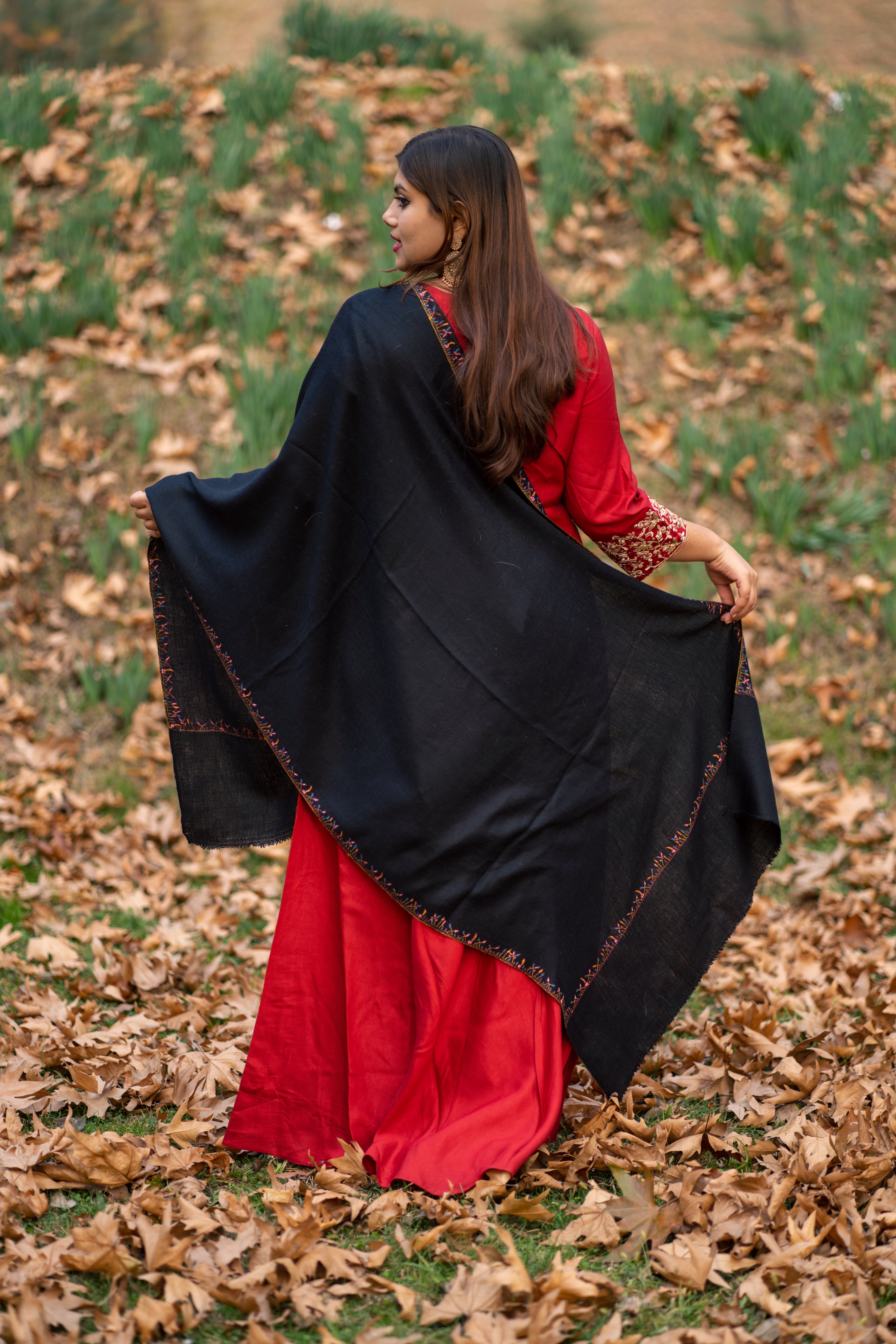 Black Sozni Hand Embroidered Pashmina Wrap