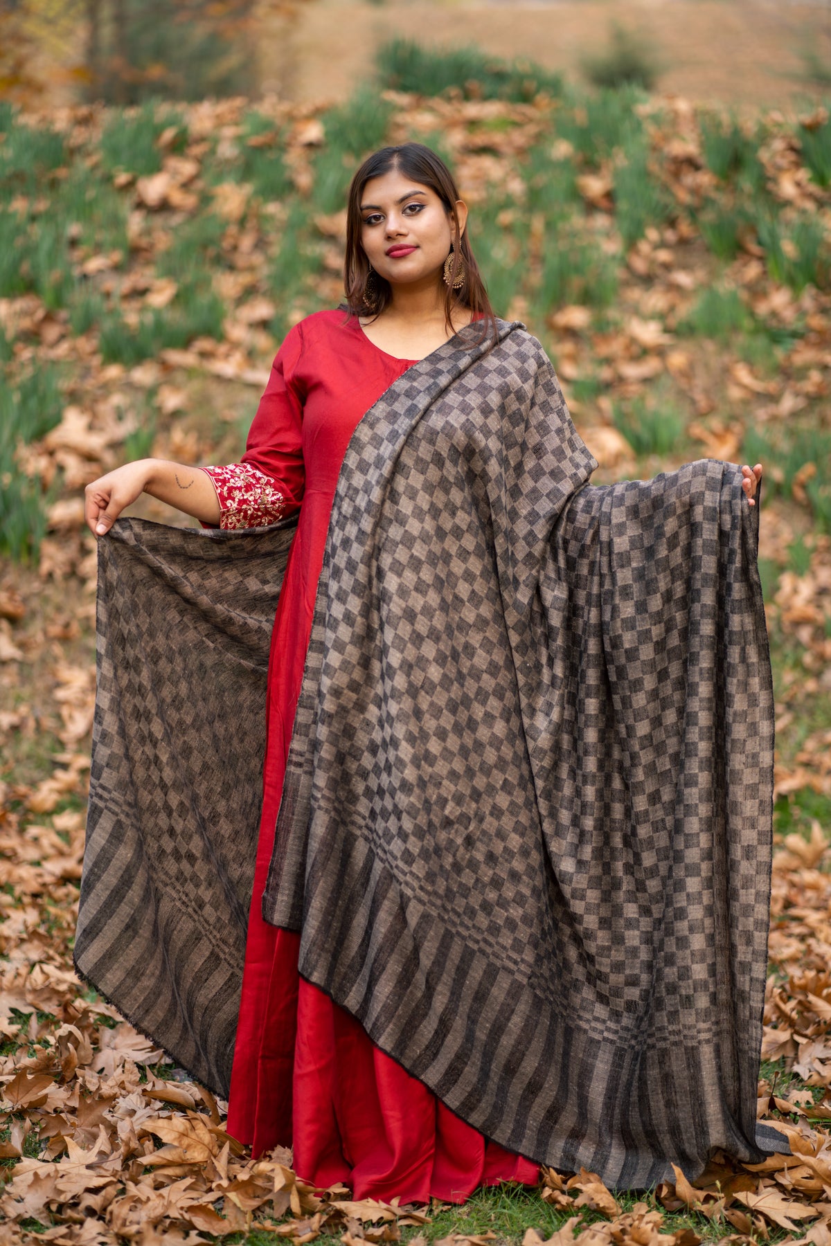 Grey Checkered Large Pashmina Shawl