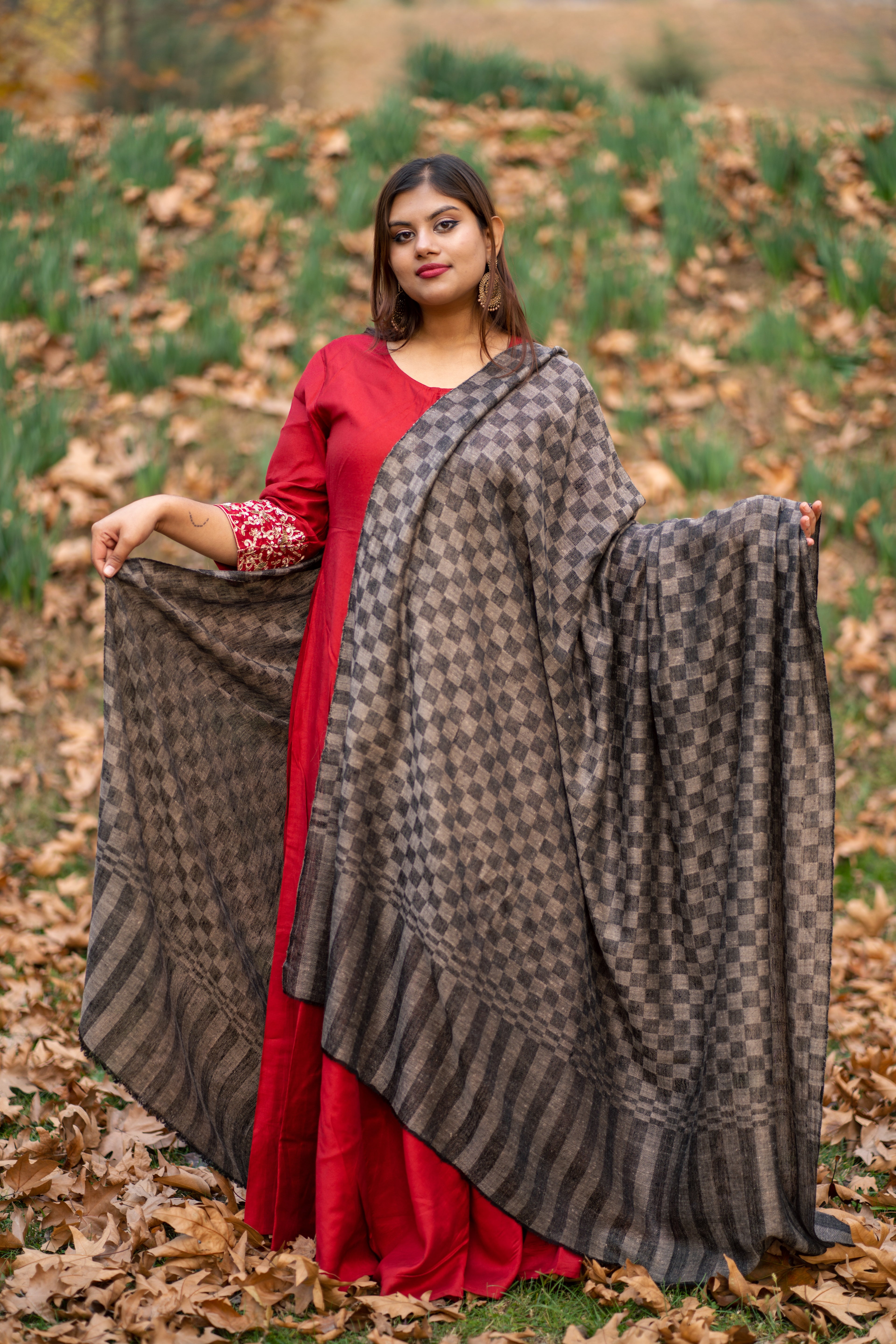 Grey Checkered Large Pashmina Shawl