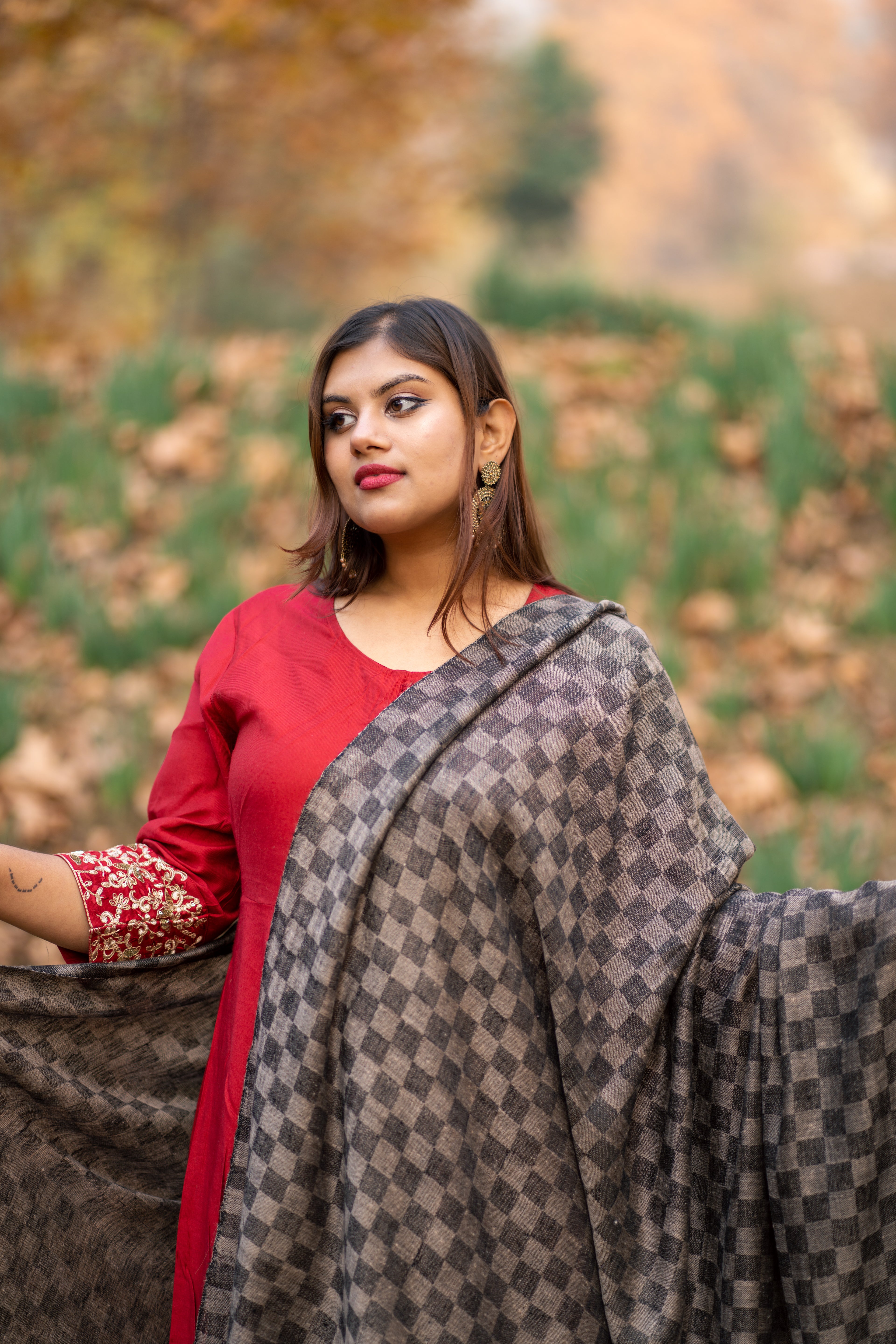 Grey Checkered Large Pashmina Shawl