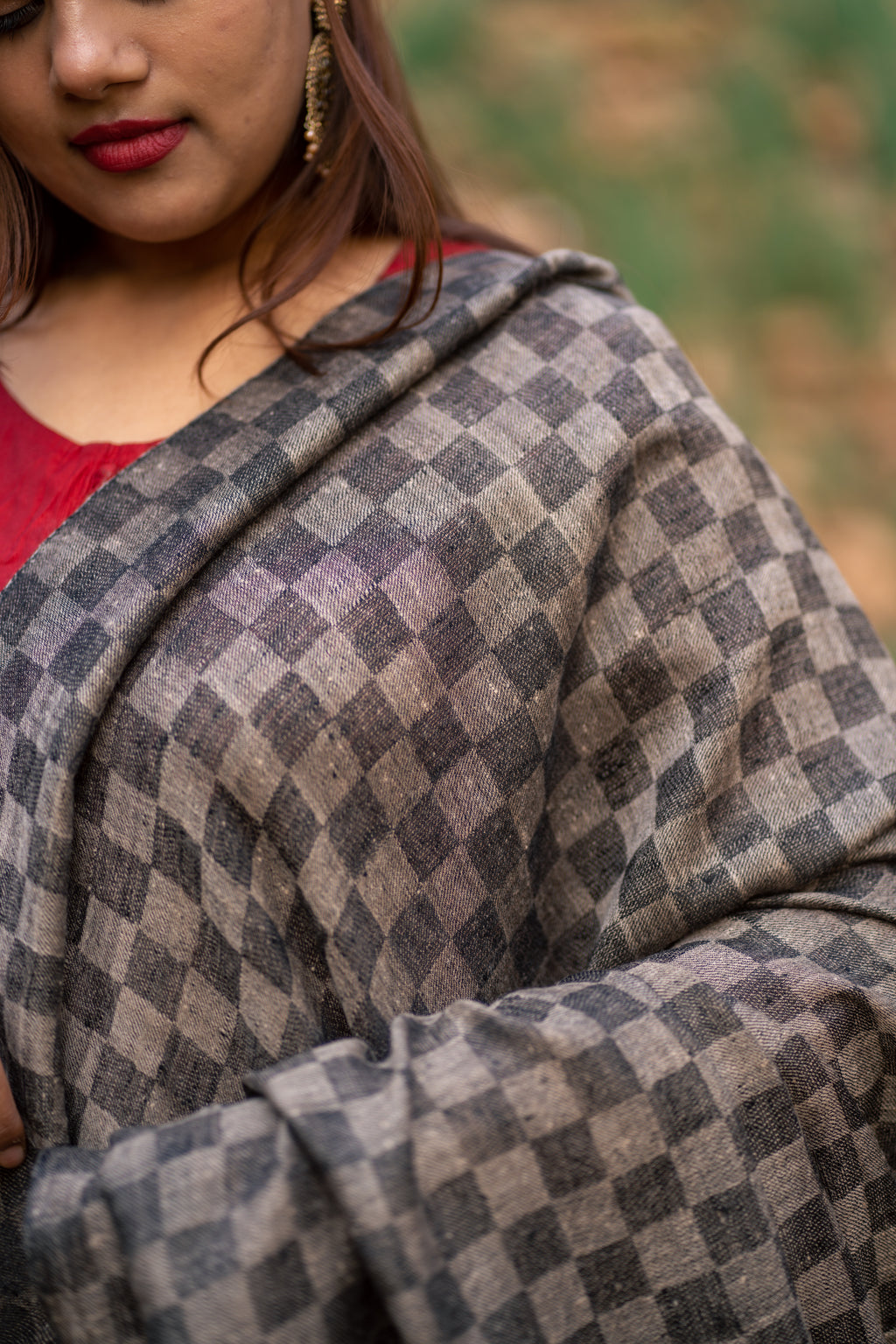 Grey Checkered Large Pashmina Shawl