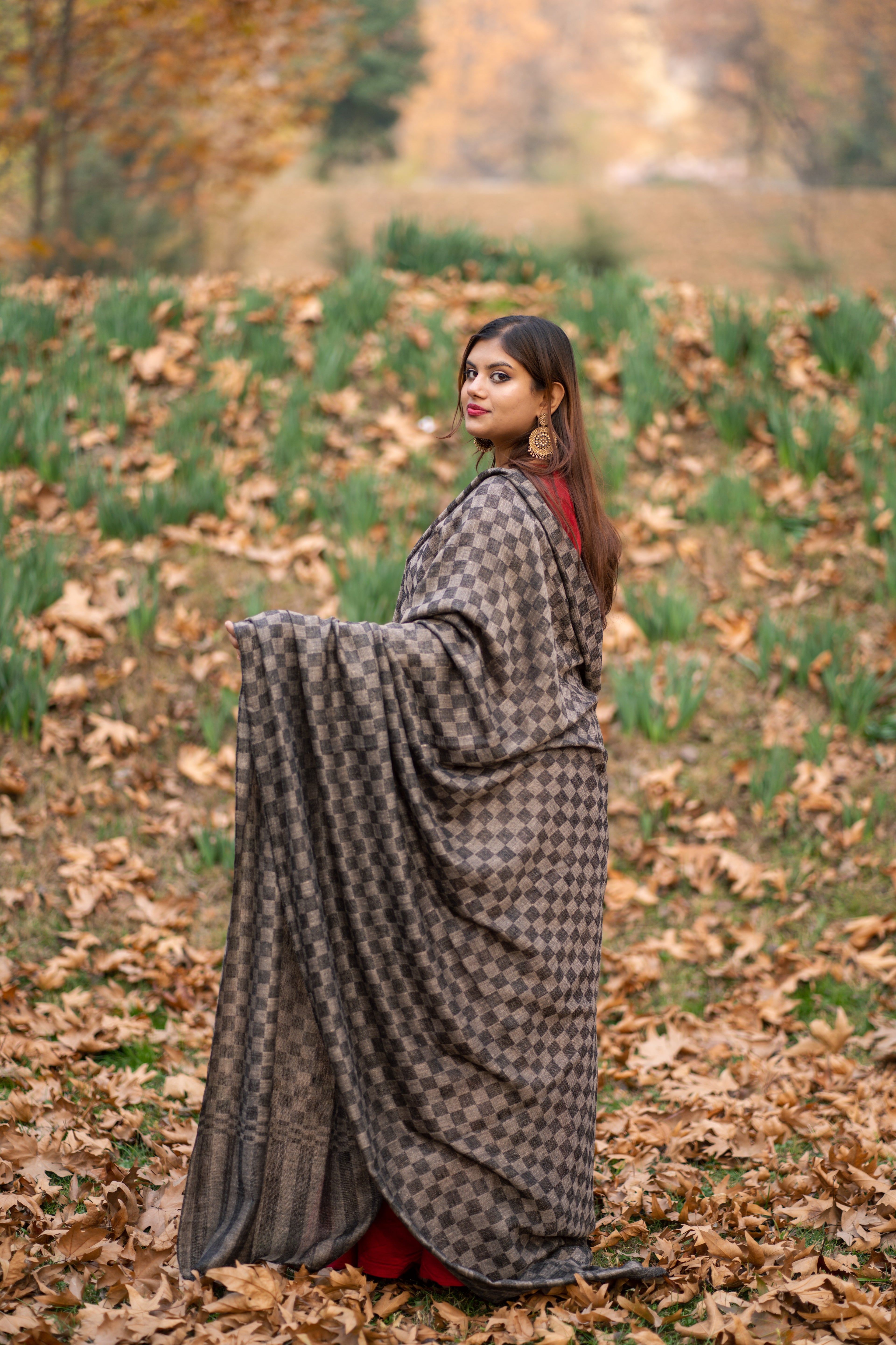Grey Checkered Large Pashmina Shawl
