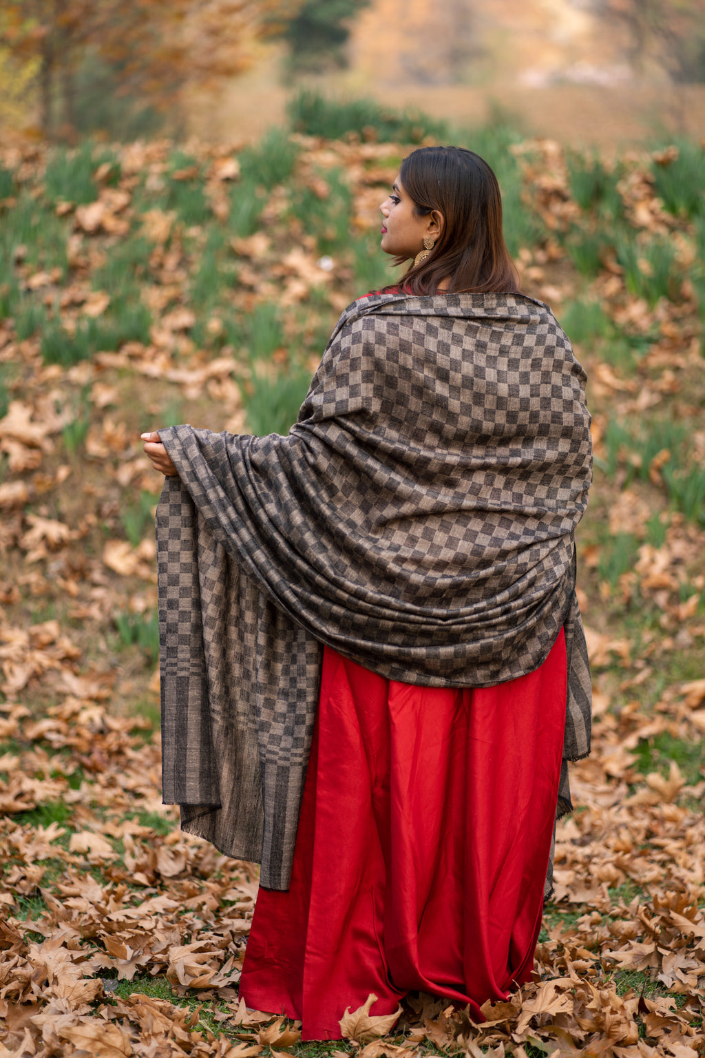 Grey Checkered Large Pashmina Shawl