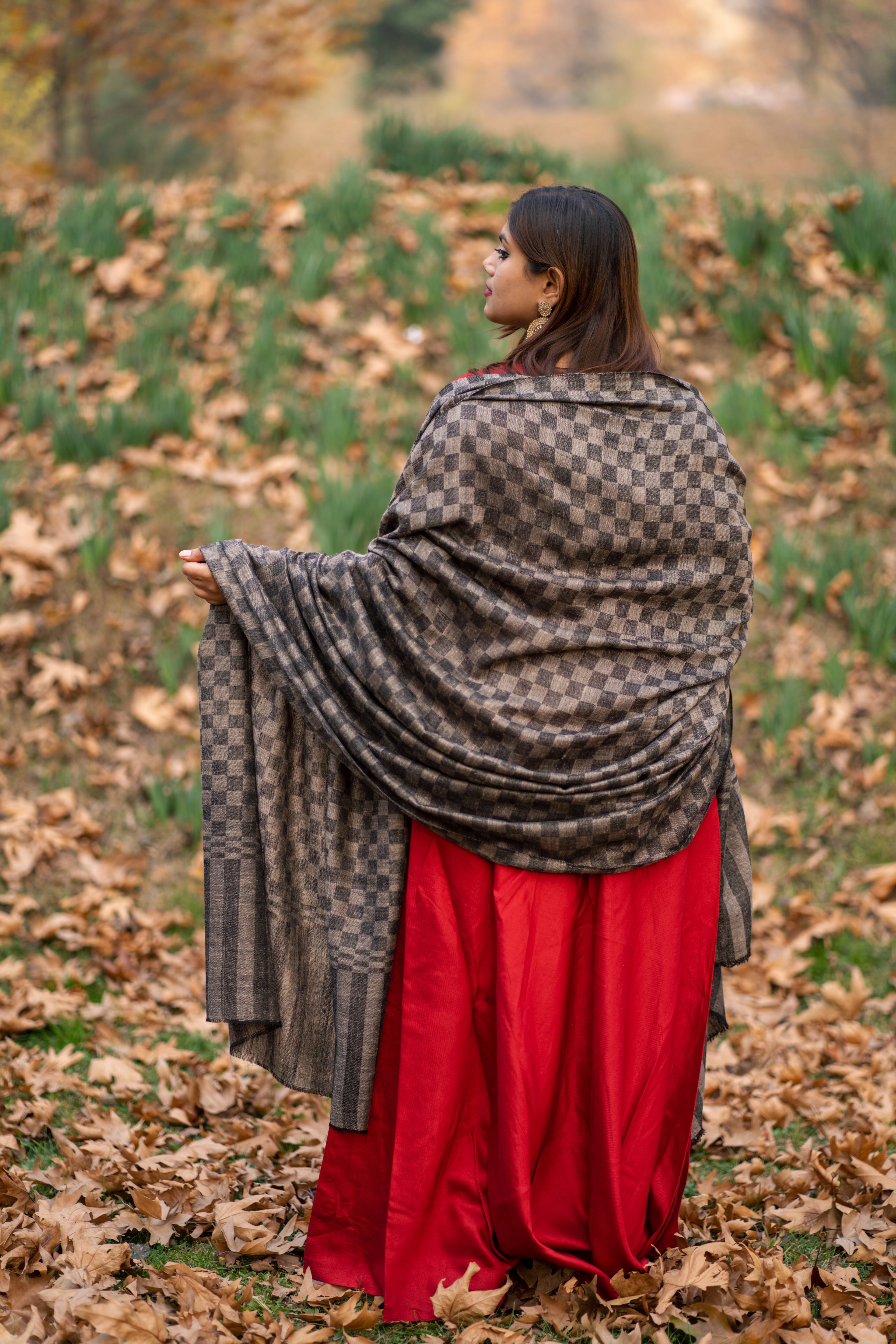 Grey Checkered Large Pashmina Shawl