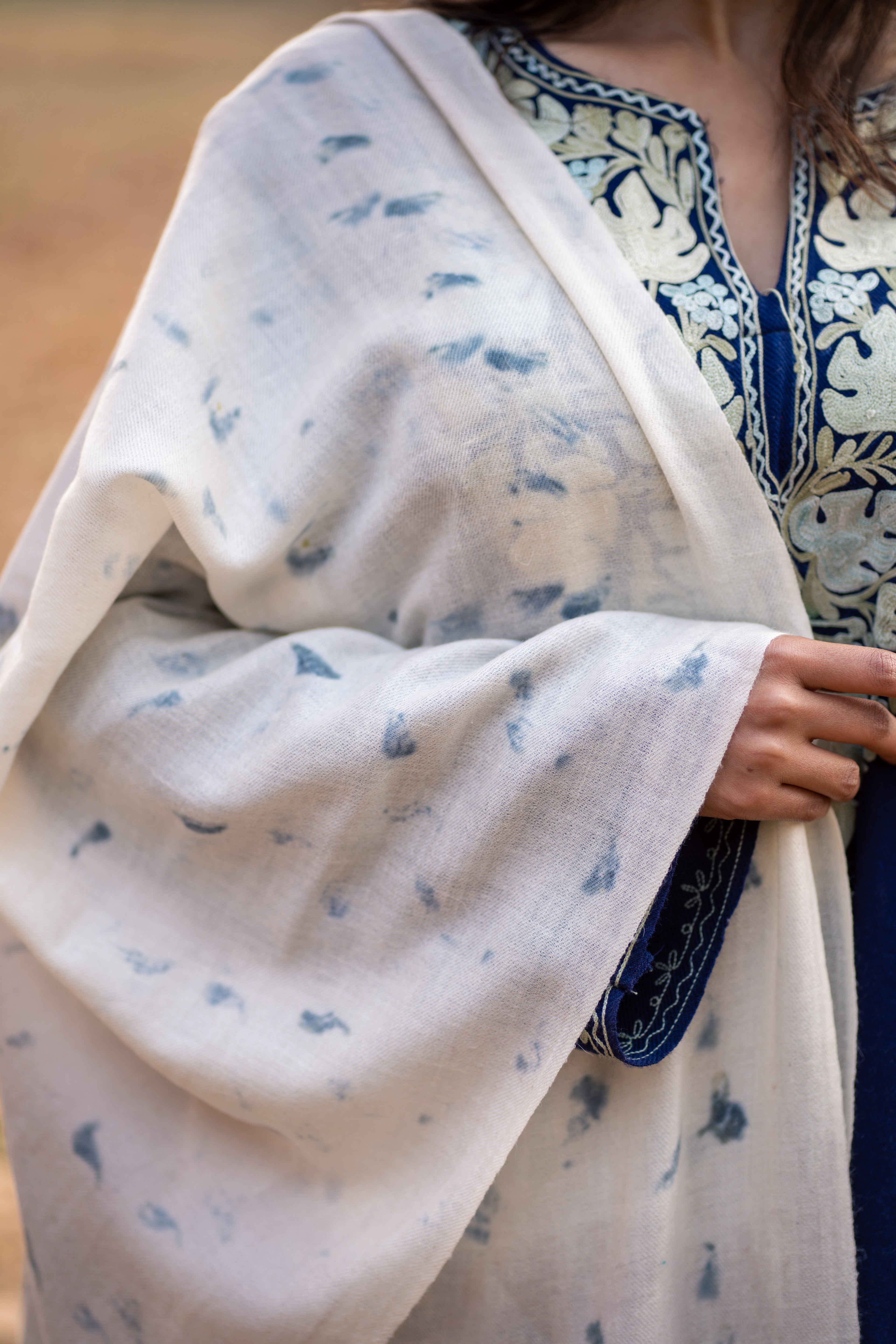 Grey and White Organic Flower Dyed Pashmina Wrap