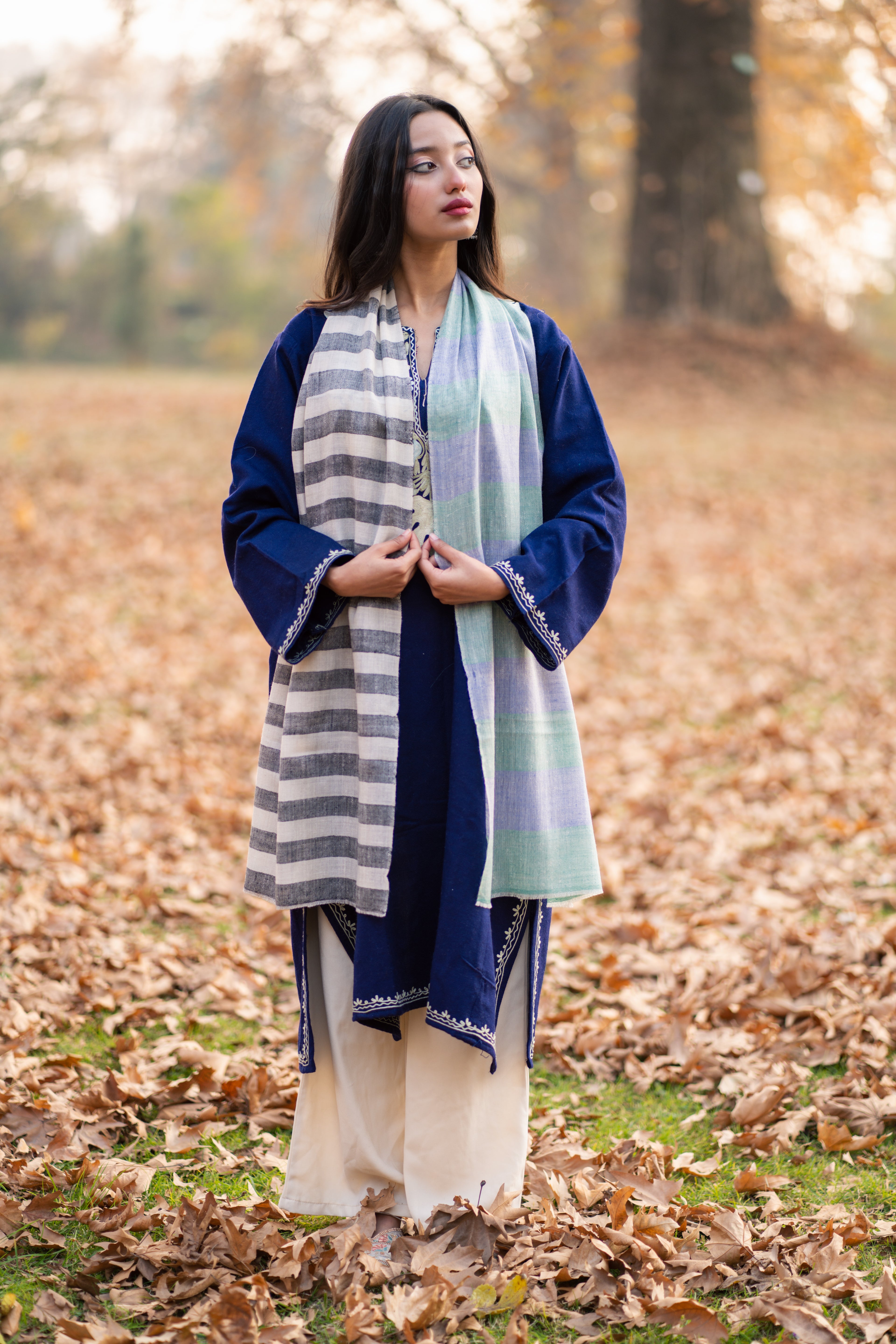 Black White and Green Stripes Pashmina Muffler