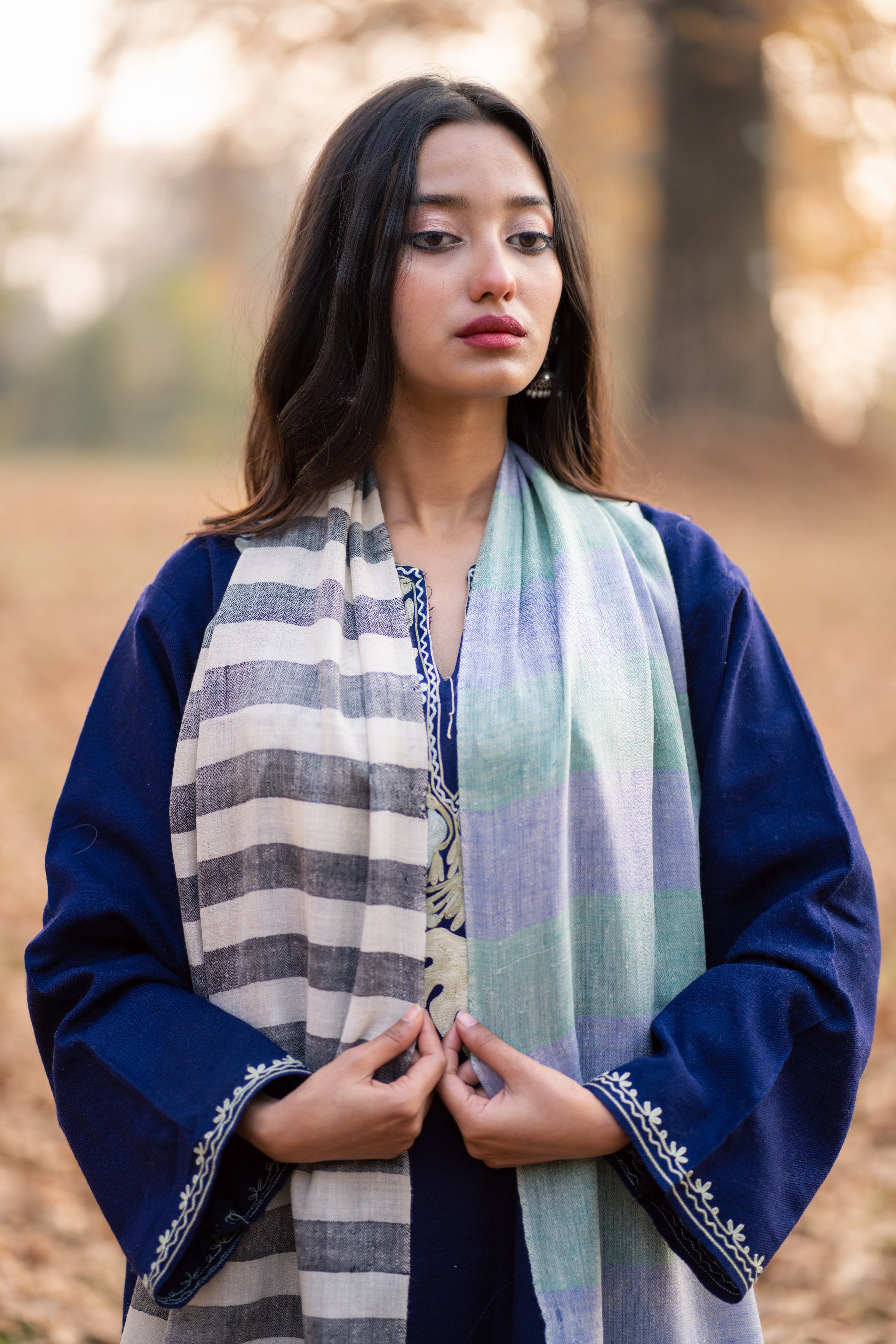 Black White and Green Stripes Pashmina Muffler