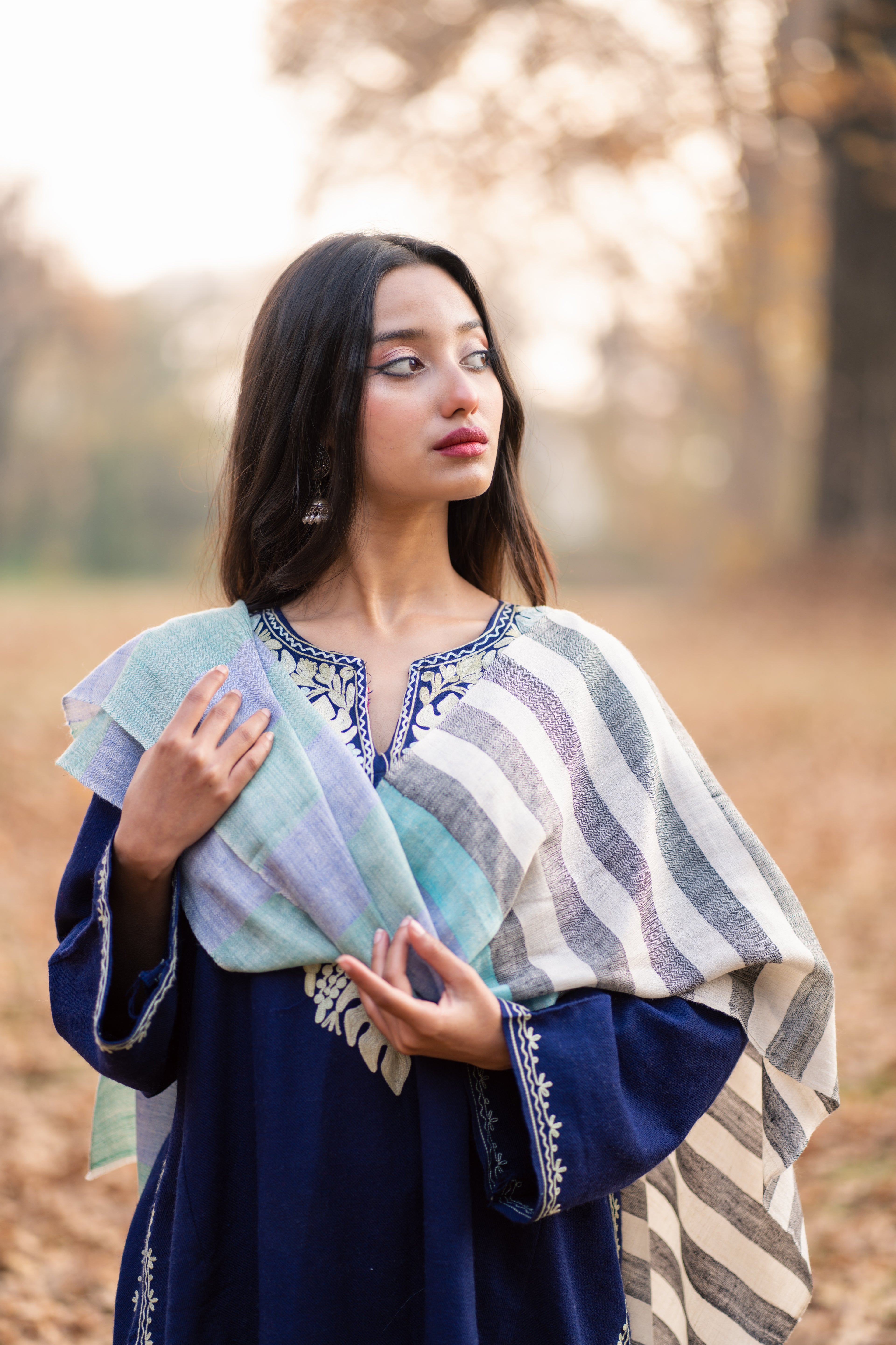 Black White and Green Stripes Pashmina Muffler