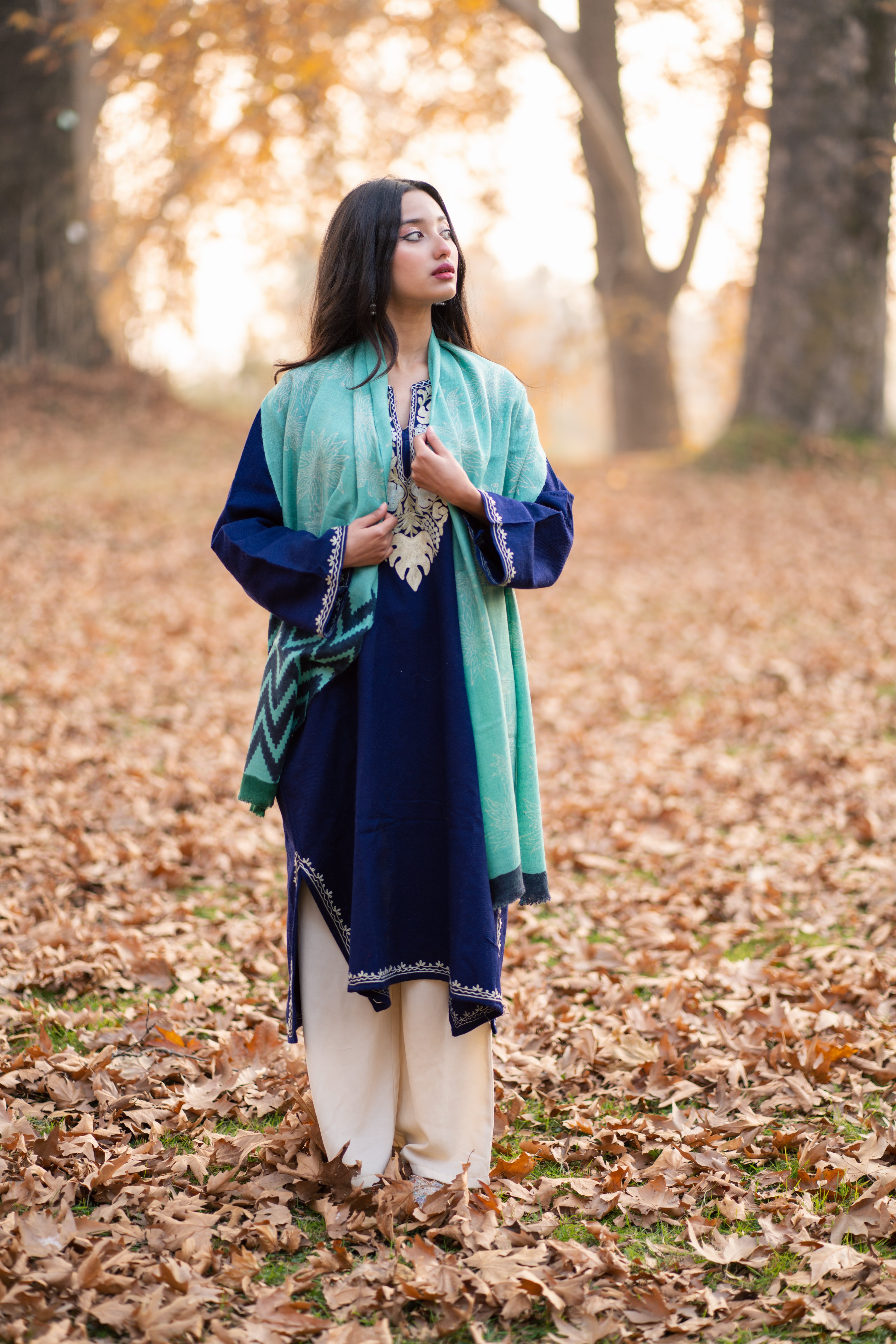 Green & Blue Handblock Printed Pashmina Muffler