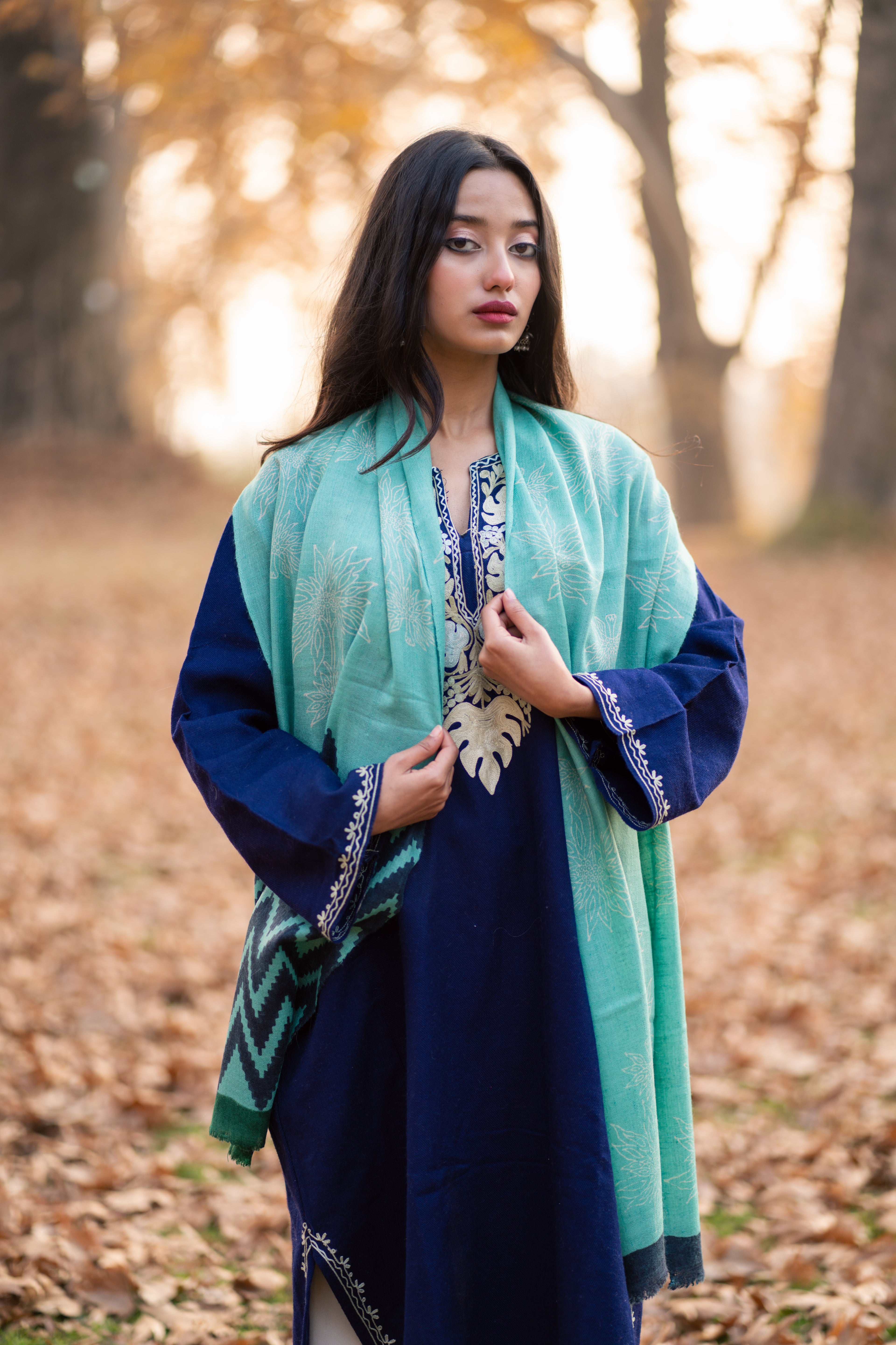 Green & Blue Handblock Printed Pashmina Muffler