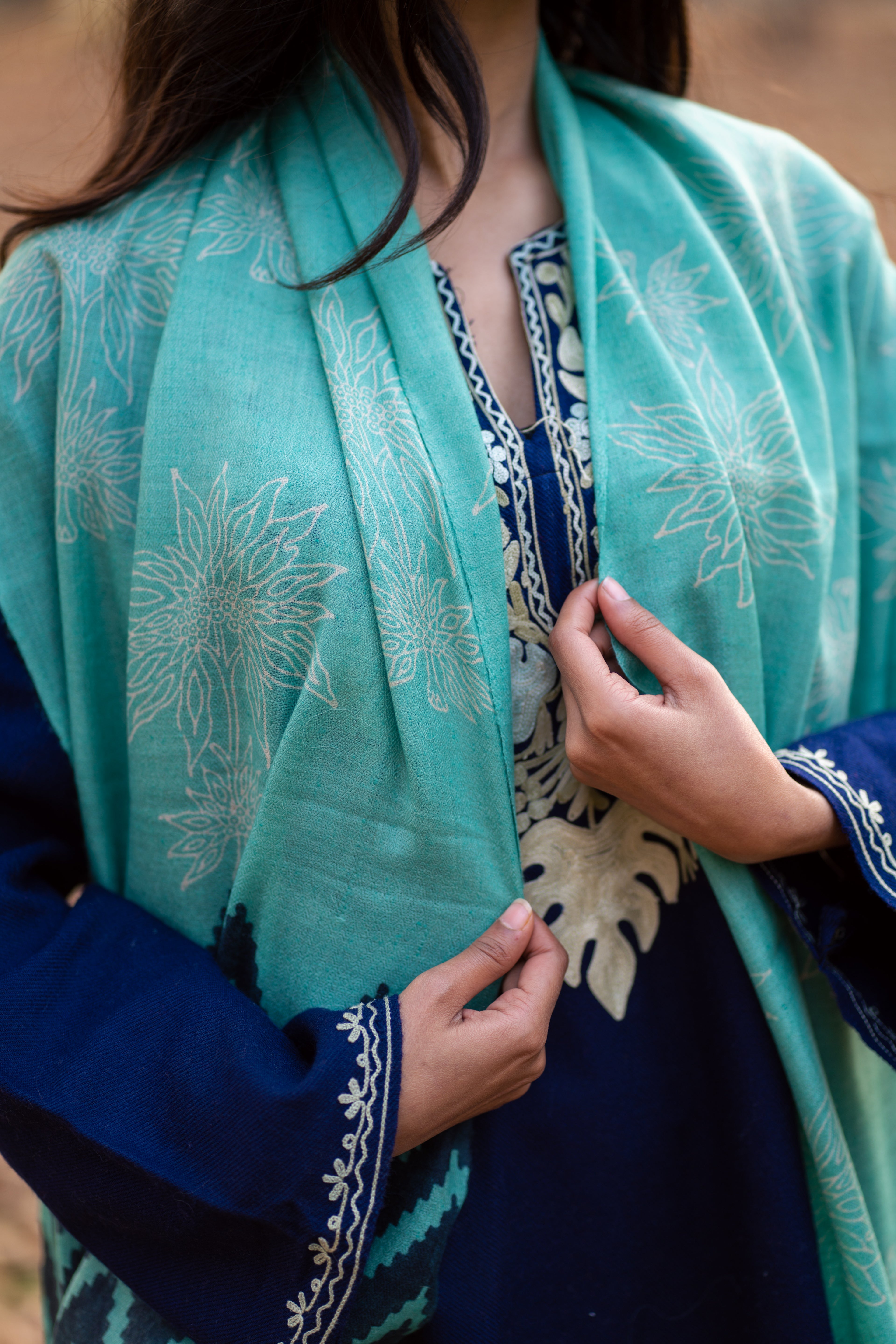 Green & Blue Handblock Printed Pashmina Muffler