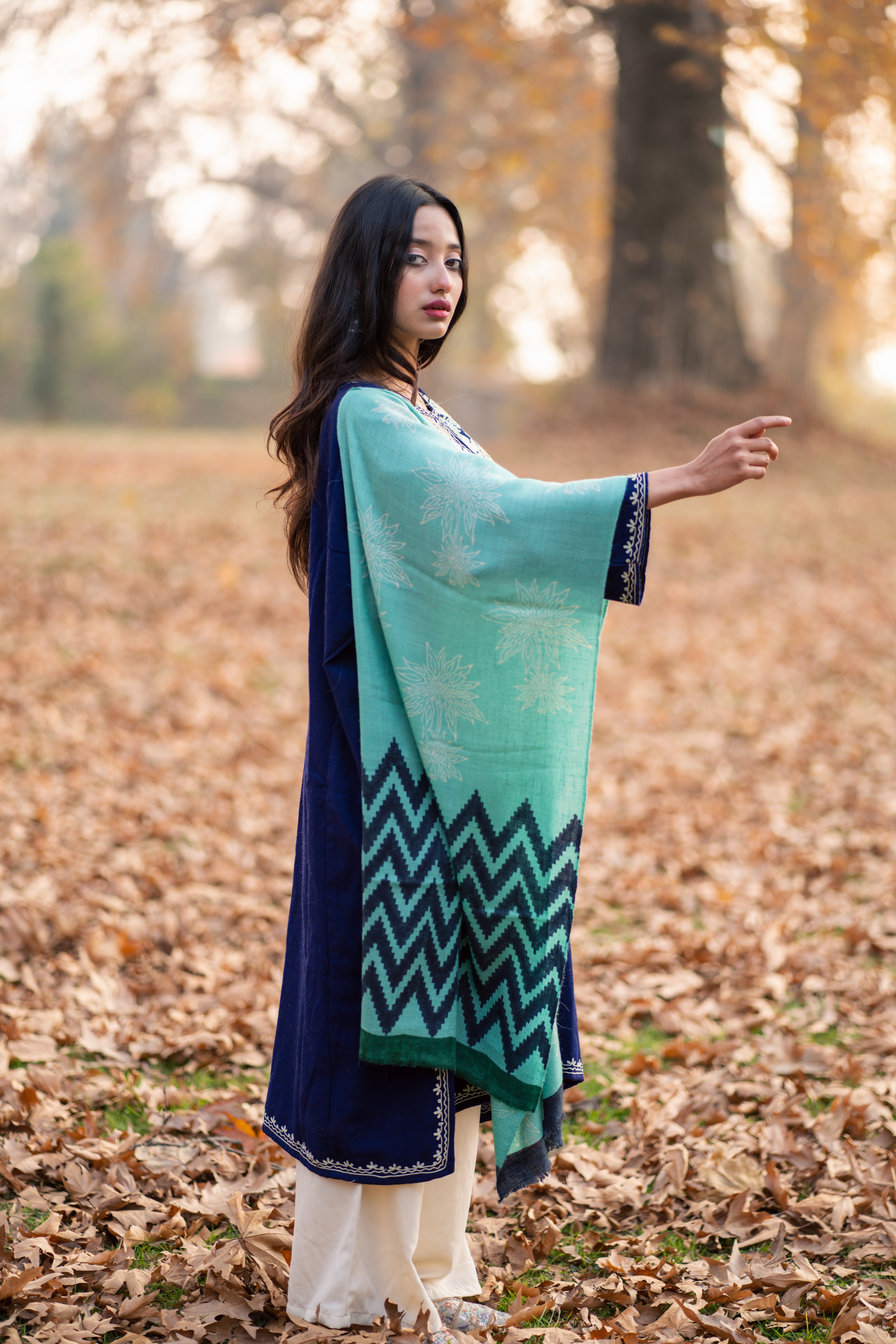 Green & Blue Handblock Printed Pashmina Muffler