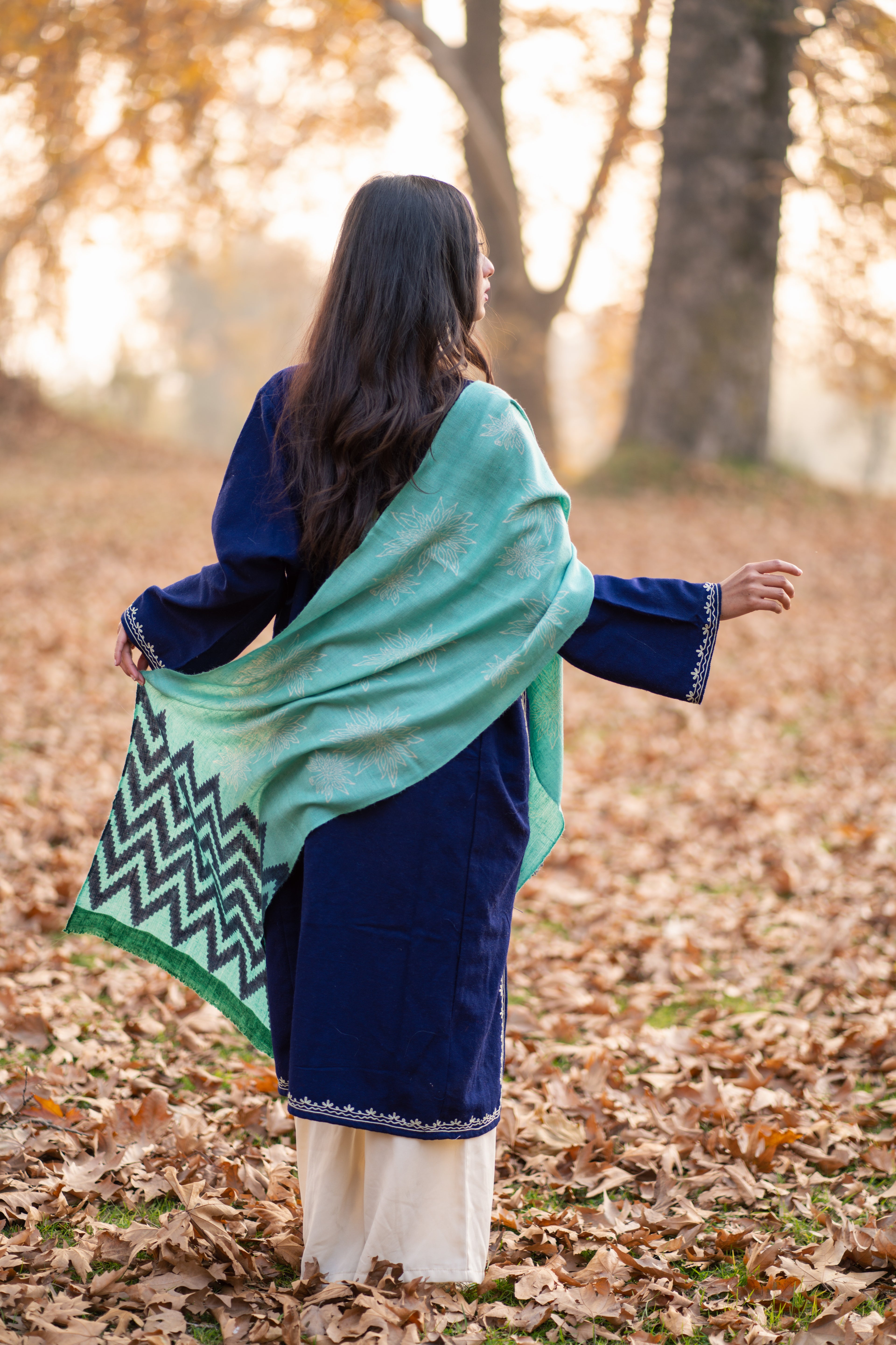 Green & Blue Handblock Printed Pashmina Muffler