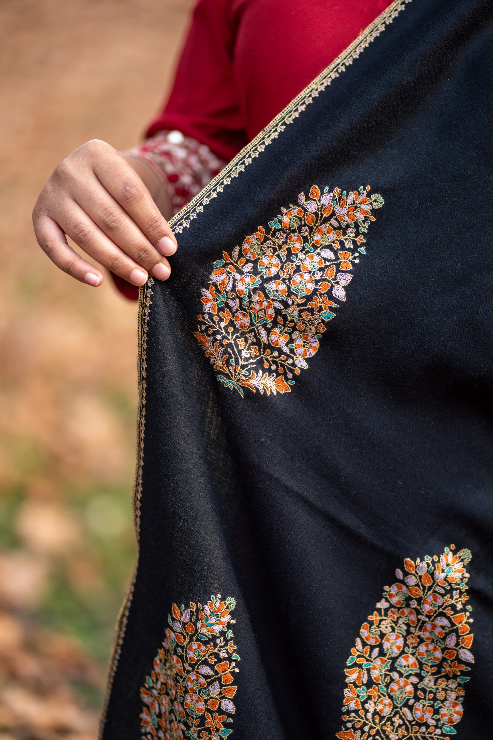 Black Sozni Hand-Embroidered Pashmina Shawl