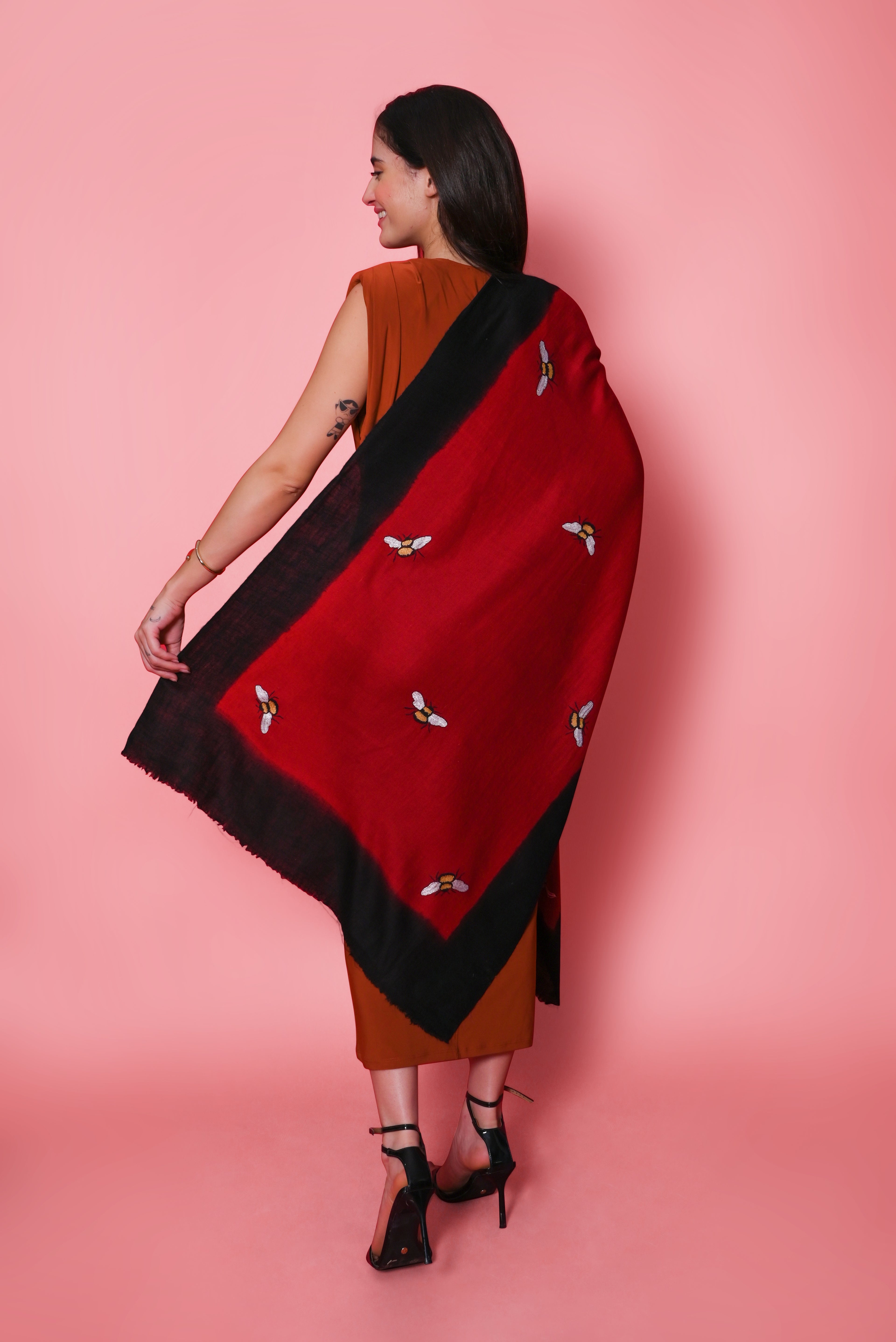 Red and Black Ombre Sozni Hand Embroidered Pashmina Wrap