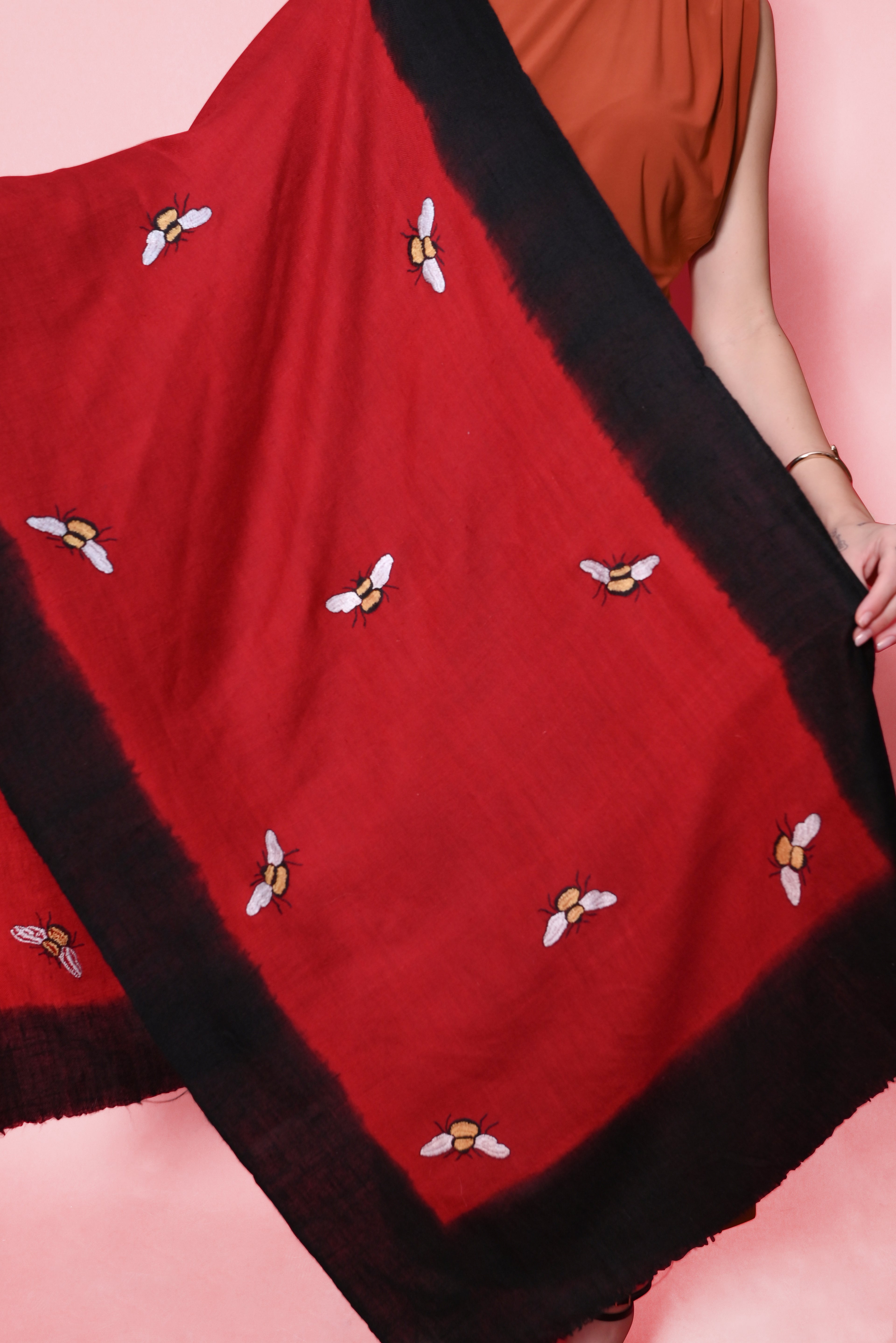 Red and Black Ombre Sozni Hand Embroidered Pashmina Wrap