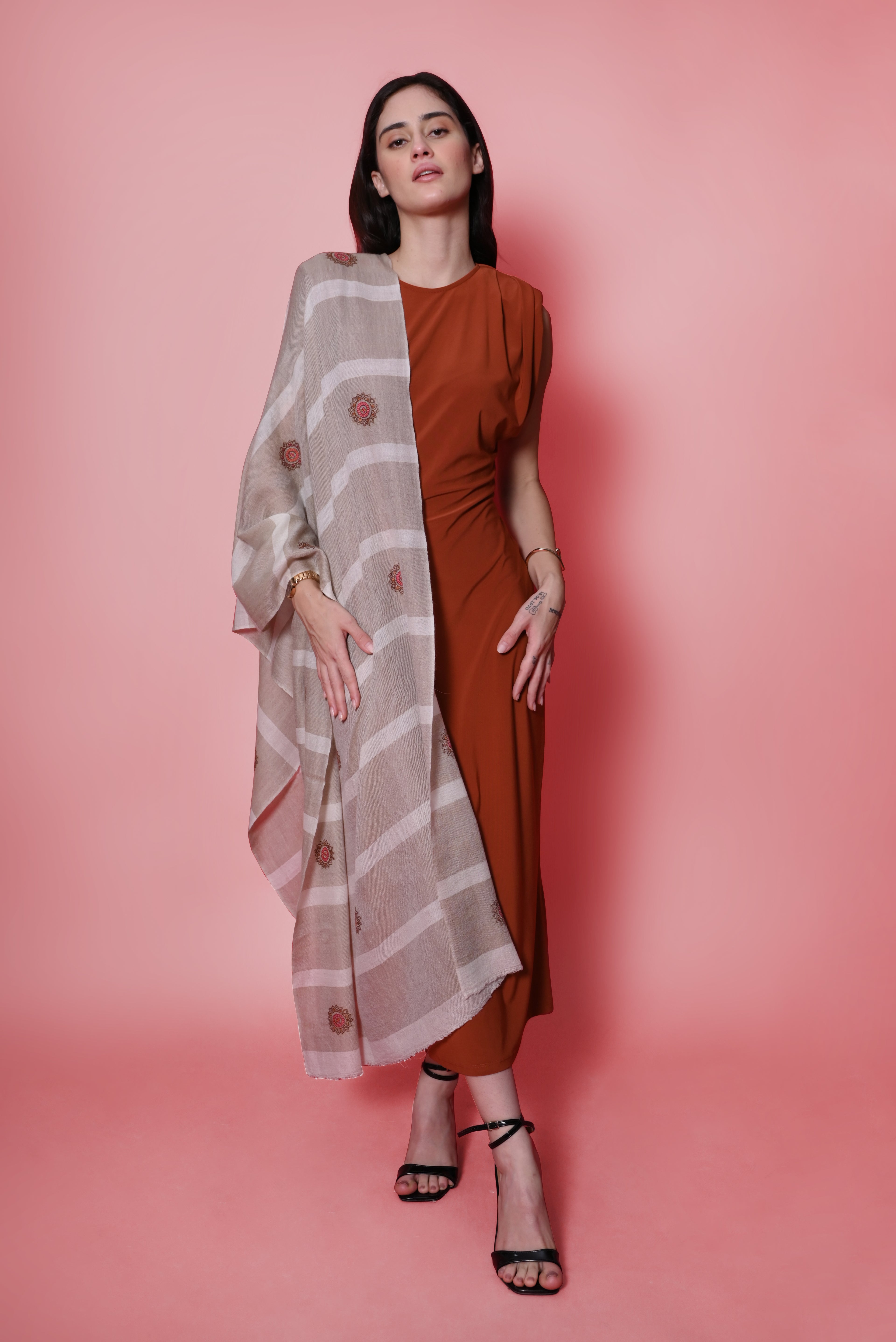 Beige and Ivory Stripes Sozni Hand Embroidered Booti Pashmina Wrap